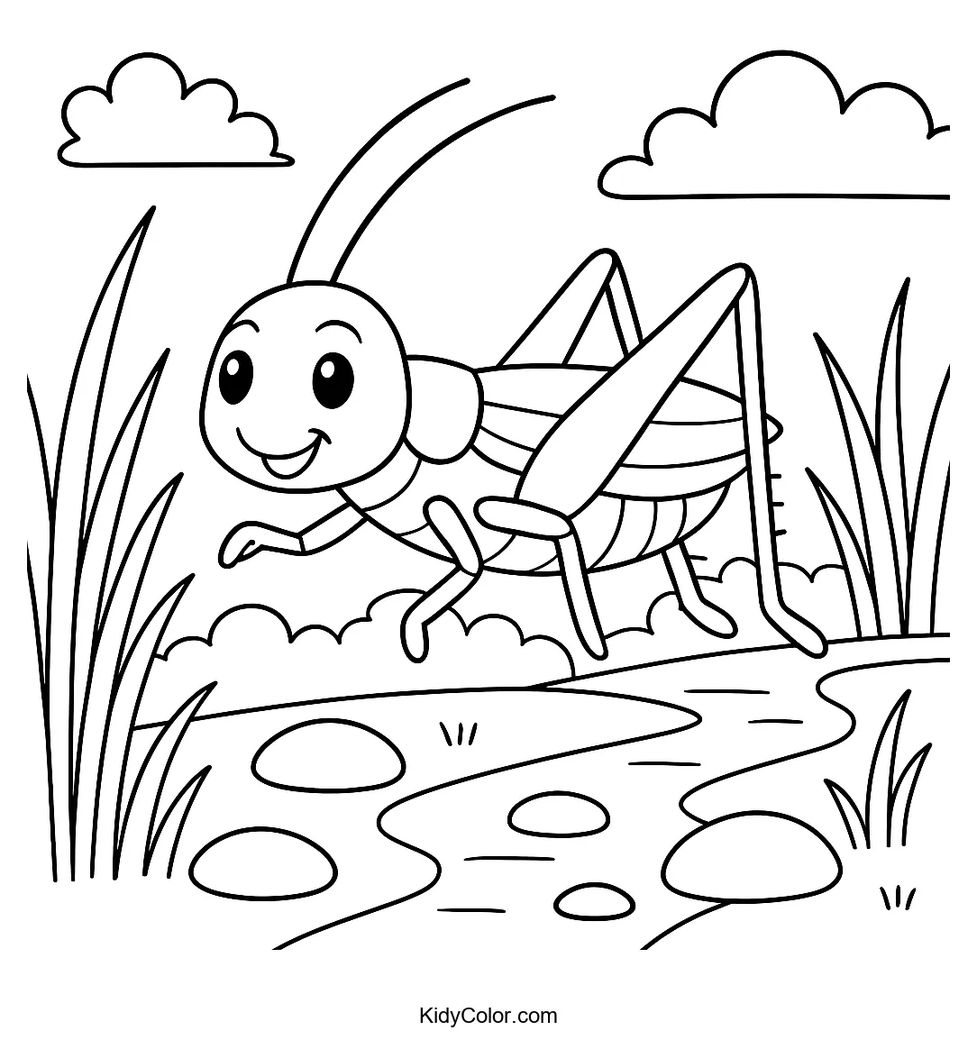 Coloring page of a grasshopper leaping on a sunny path