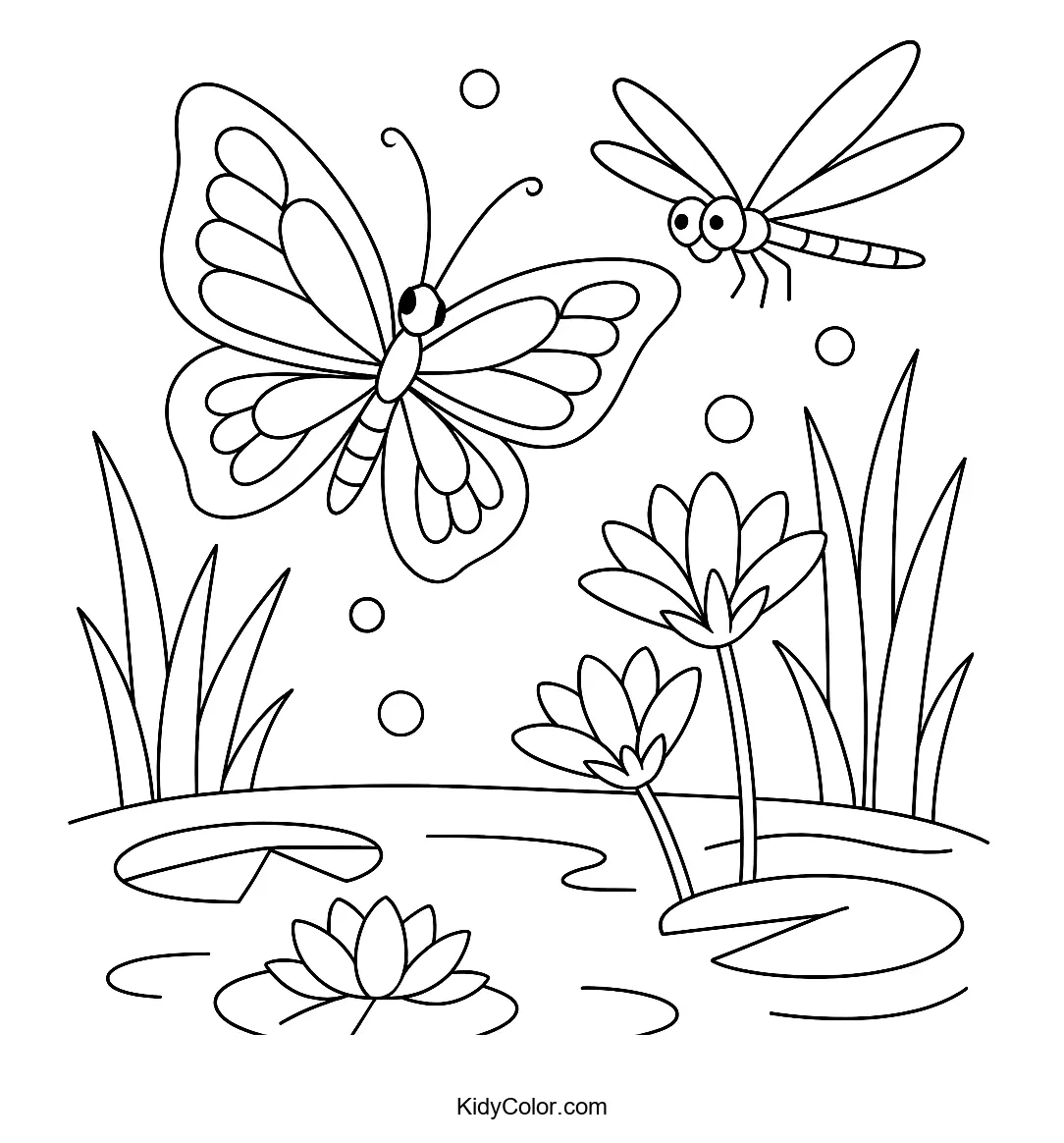 Coloring page of dragonflies and a butterfly over a pond