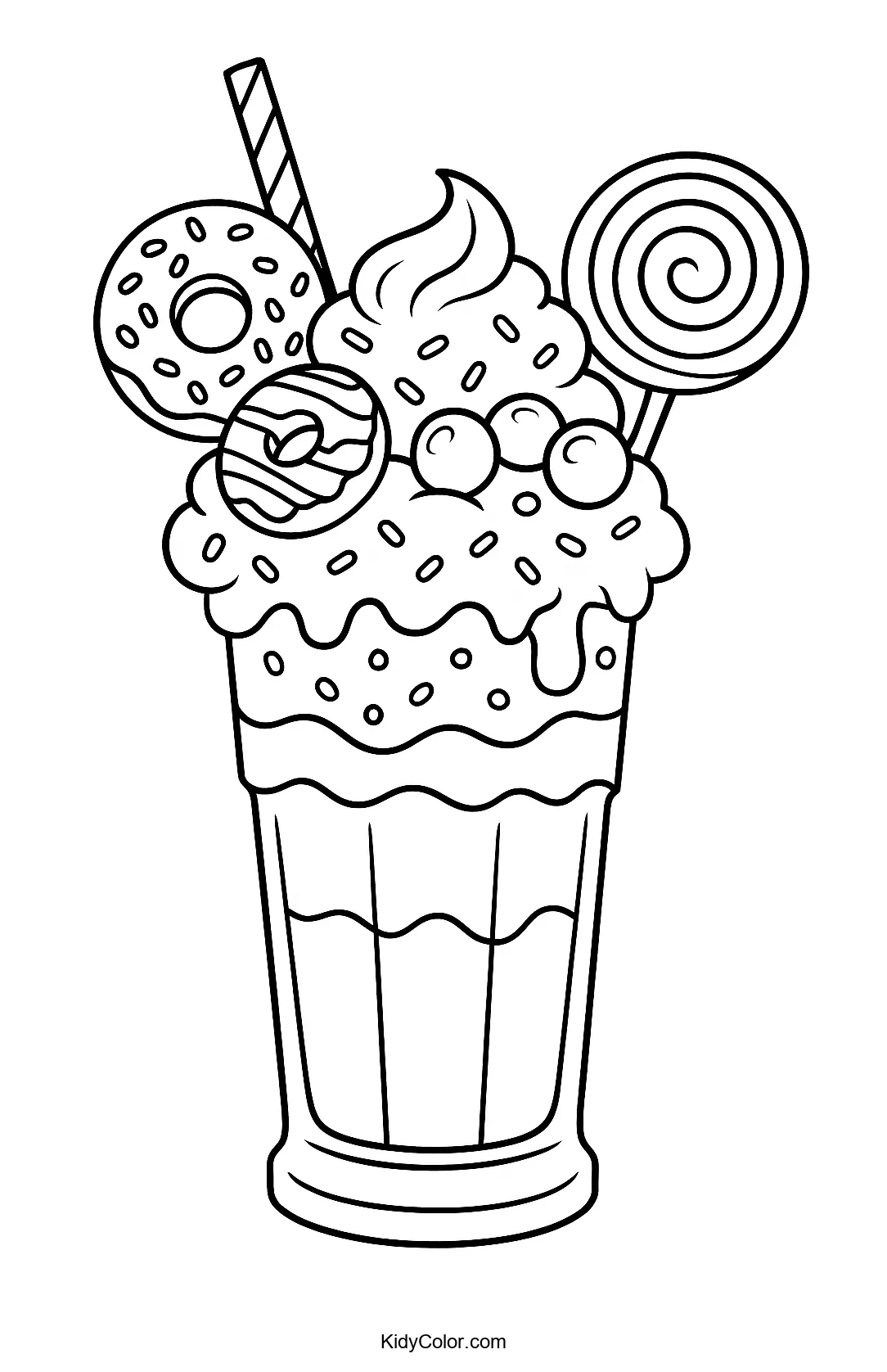 Coloring page of a luxurious milkshake with toppings