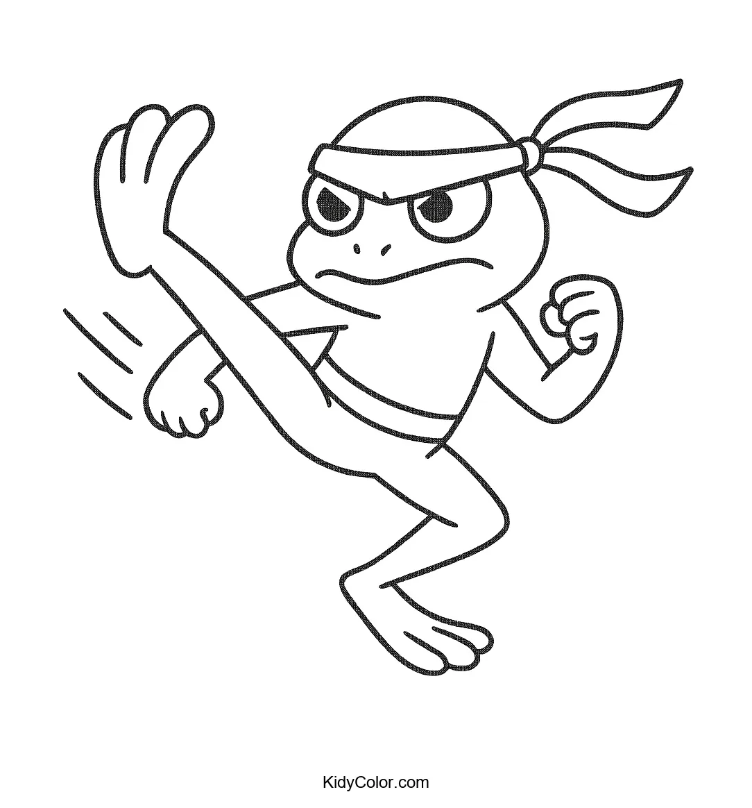 Coloring page of a frog practicing martial arts