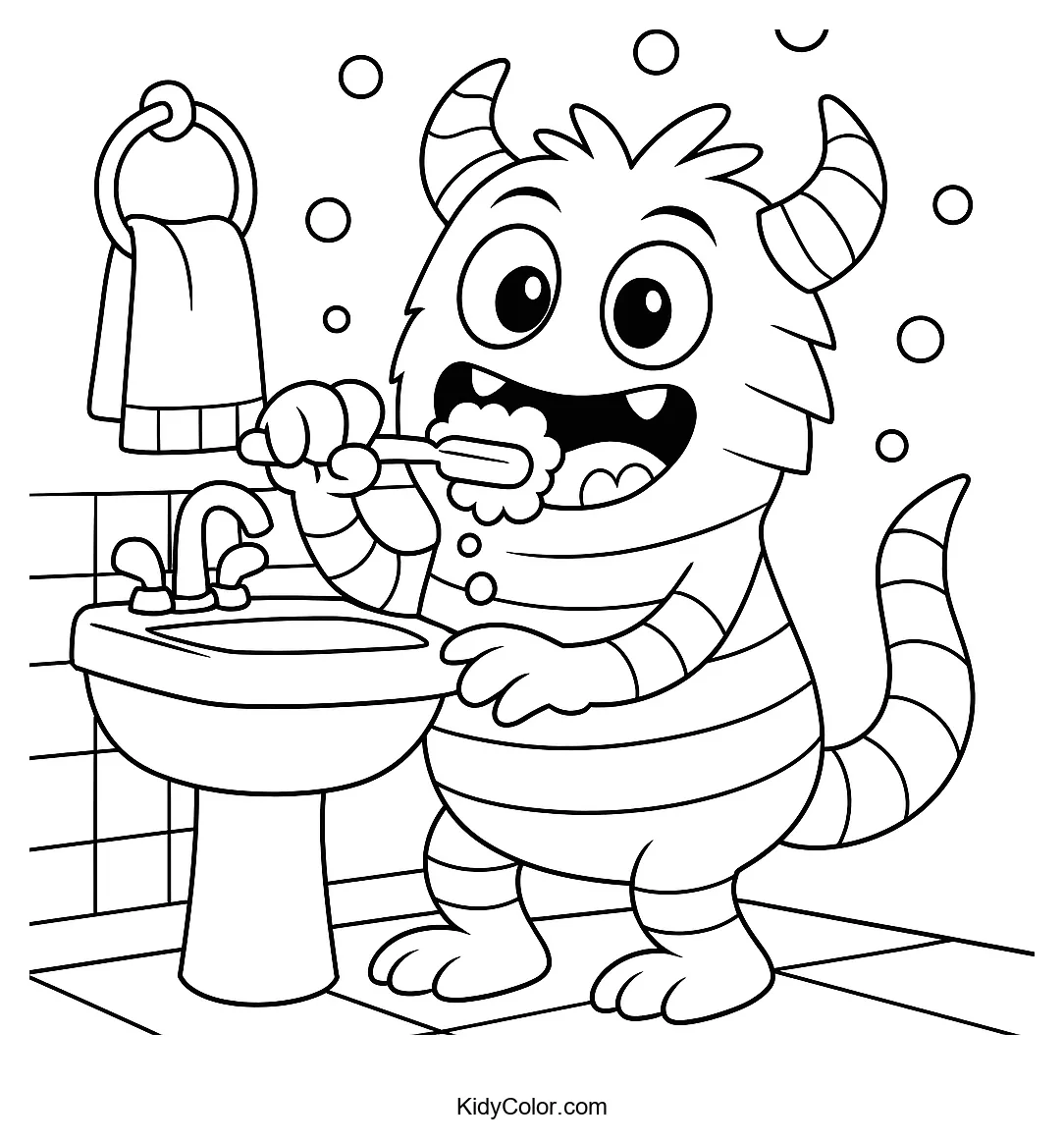 Monster brushing teeth in the bathroom