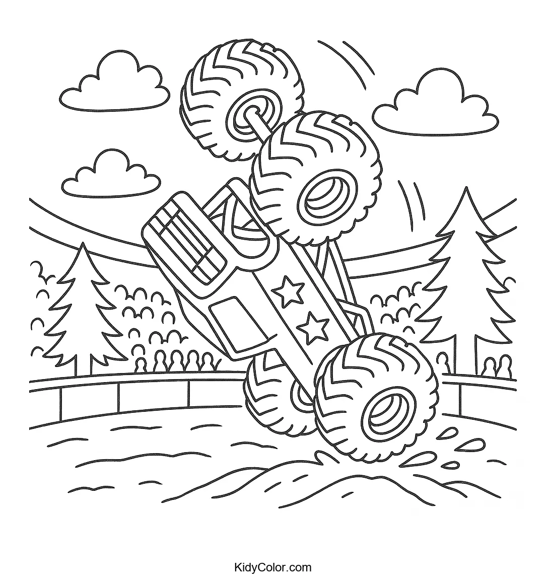 Monster truck performing a backflip in a stadium