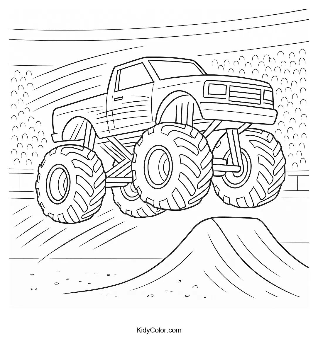 Monster truck leaping in a stadium