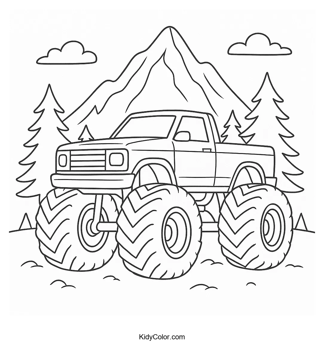 Monster truck in a mountain landscape coloring page