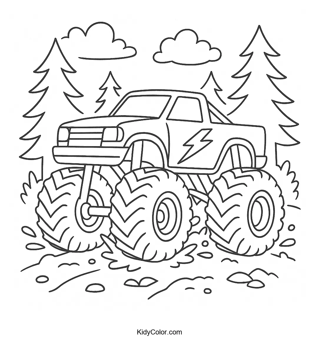 Monster truck driving through a forest path