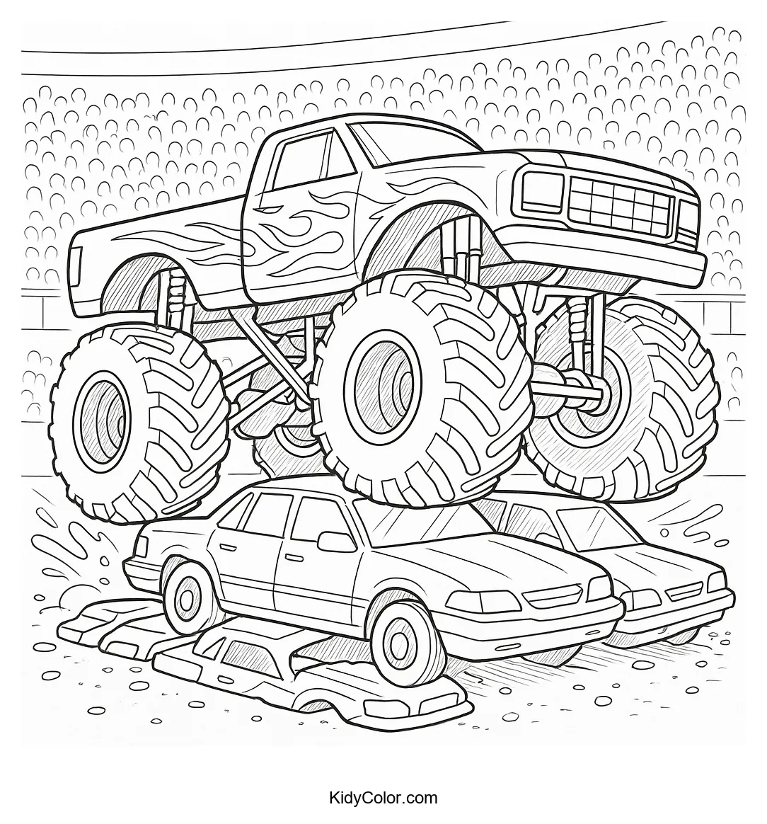 Monster truck crushing cars coloring page