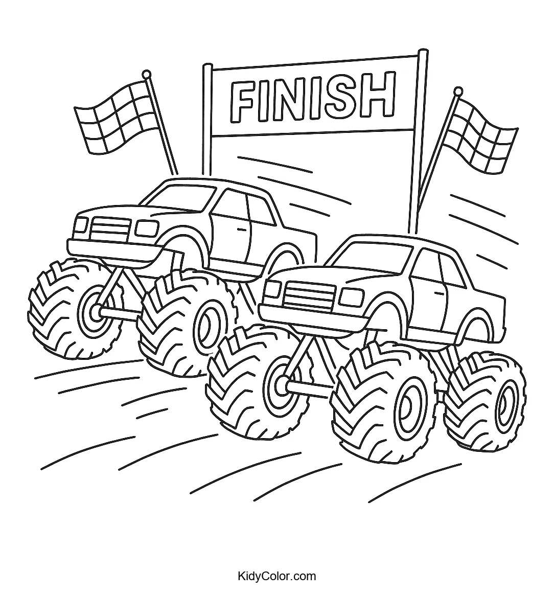 Monster trucks racing to the finish line.