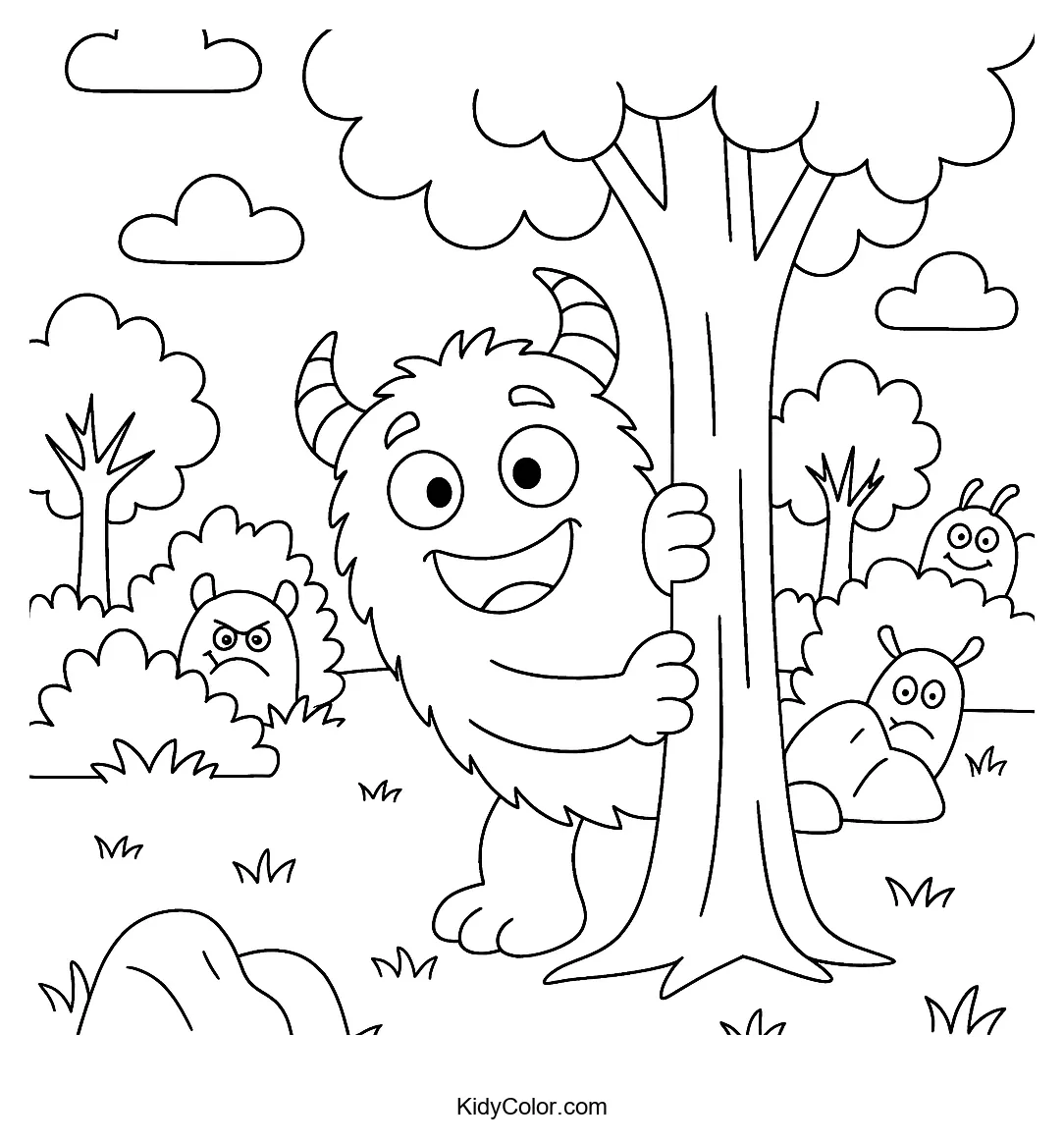 Coloring page of friendly monsters in a park