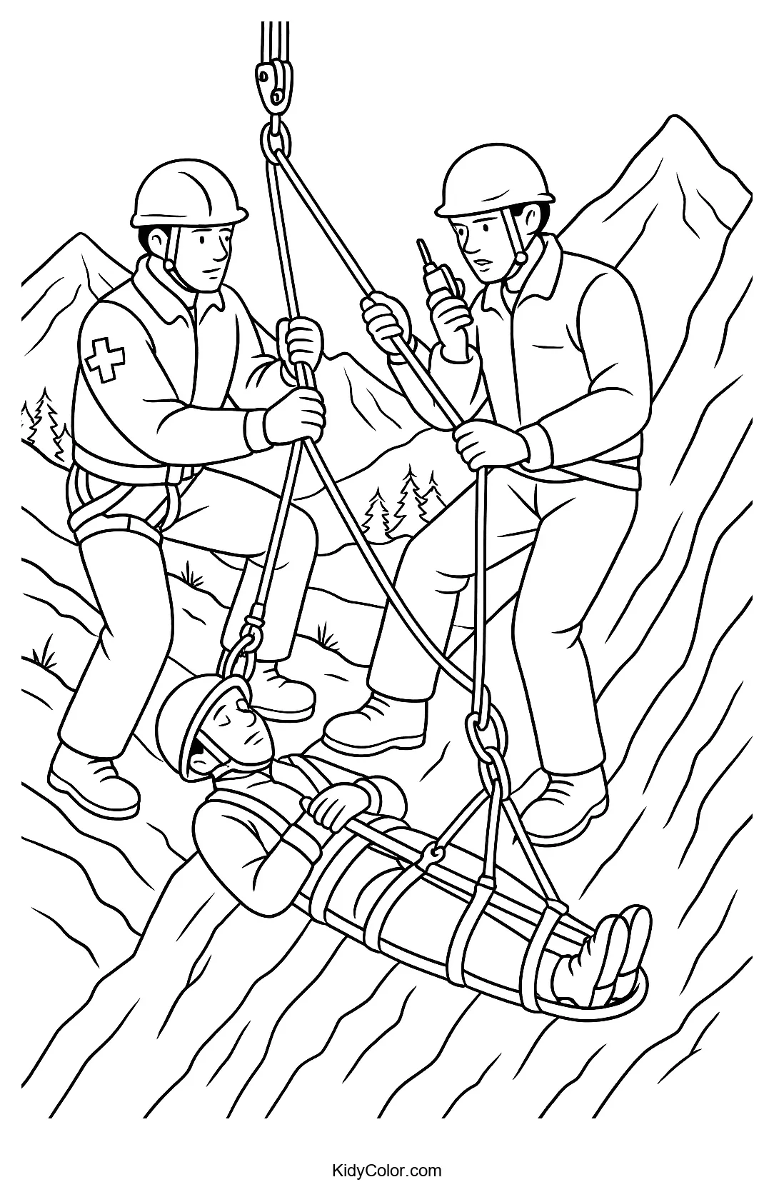 Coloring page of a mountain rescue operation in action