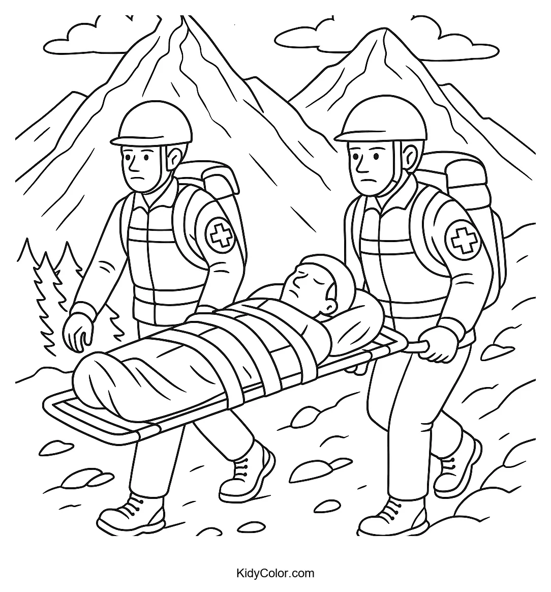 Mountain rescue team helping on a steep slope