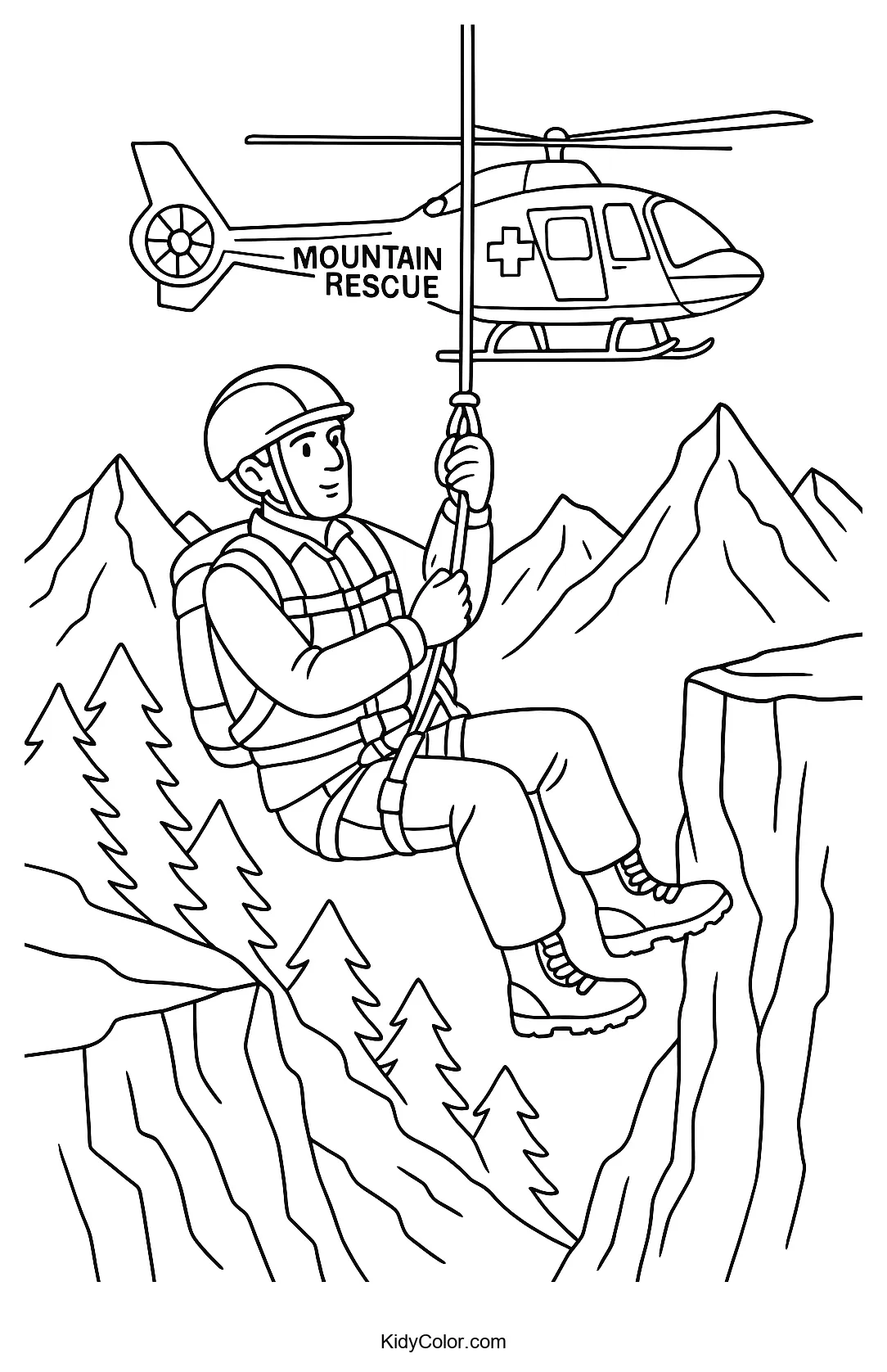 Coloring page of a mountain rescue scene.