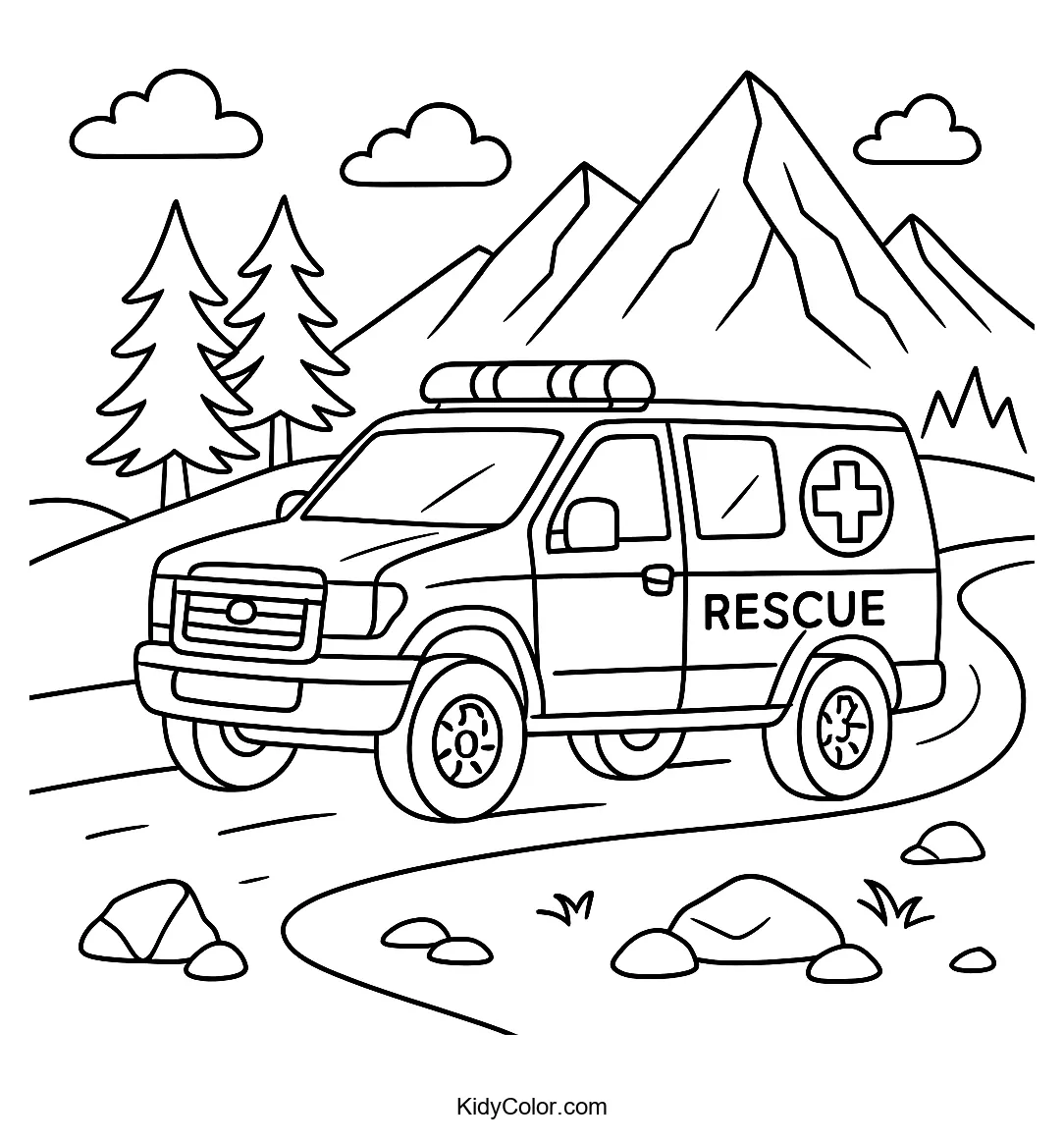 Mountain rescue team on rugged terrain coloring page