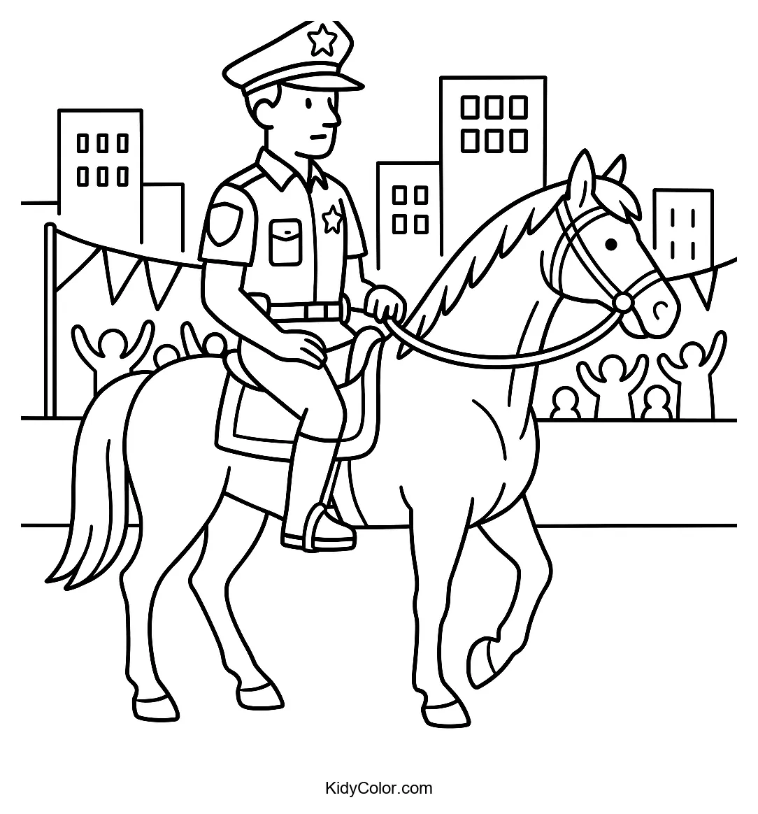 Coloring page of a mounted officer at a city parade