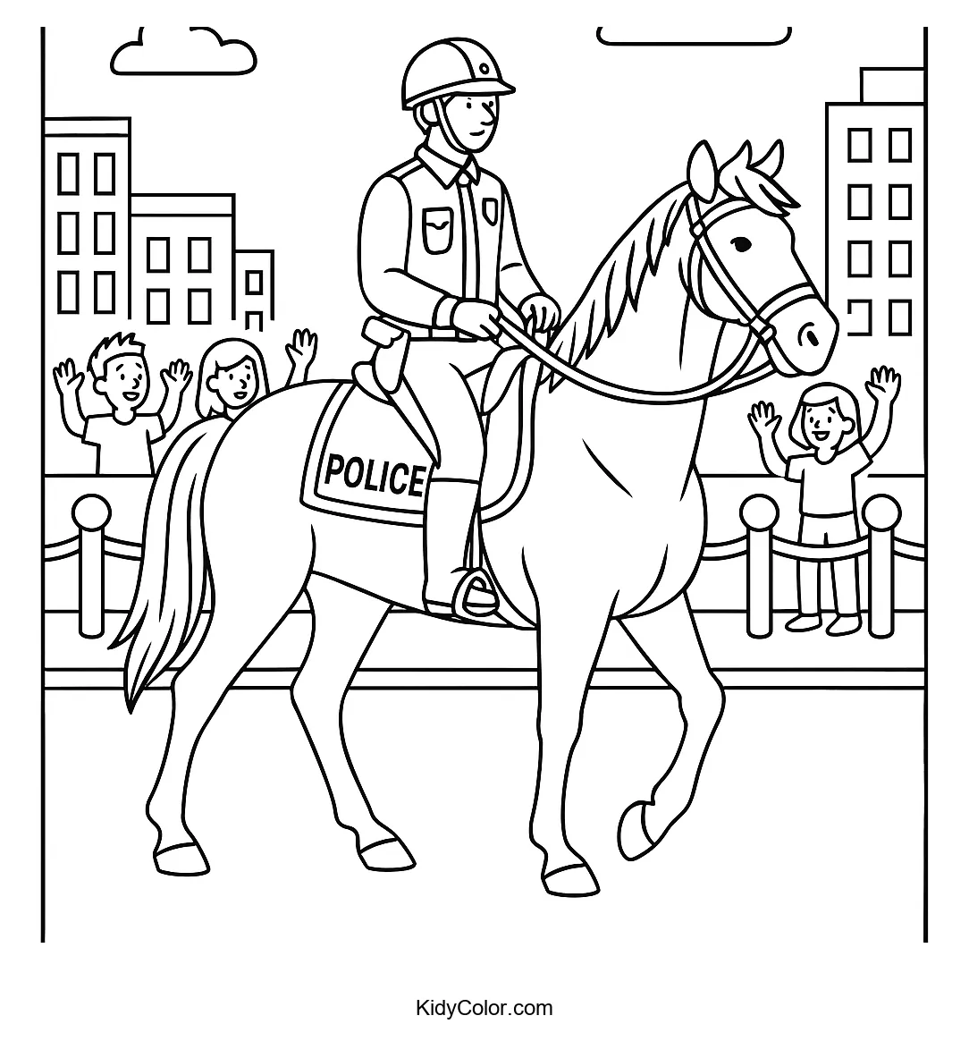 Coloring page of a mounted officer in a parade.