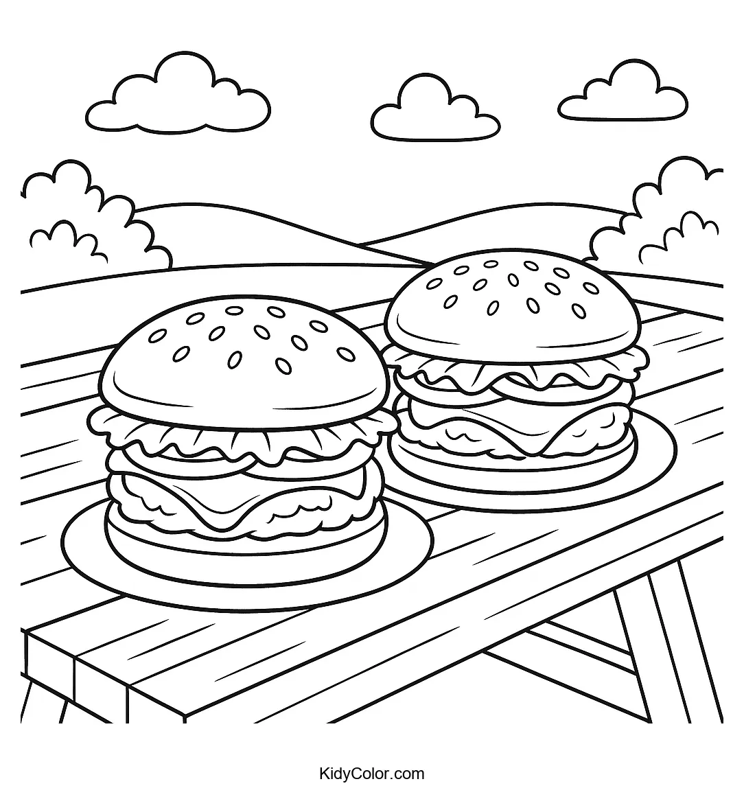 Picnic table with cheeseburgers and snacks
