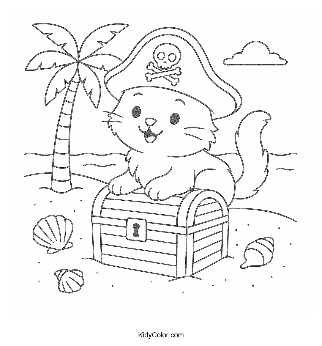 Pirate Cat on the Beach with a treasure chest