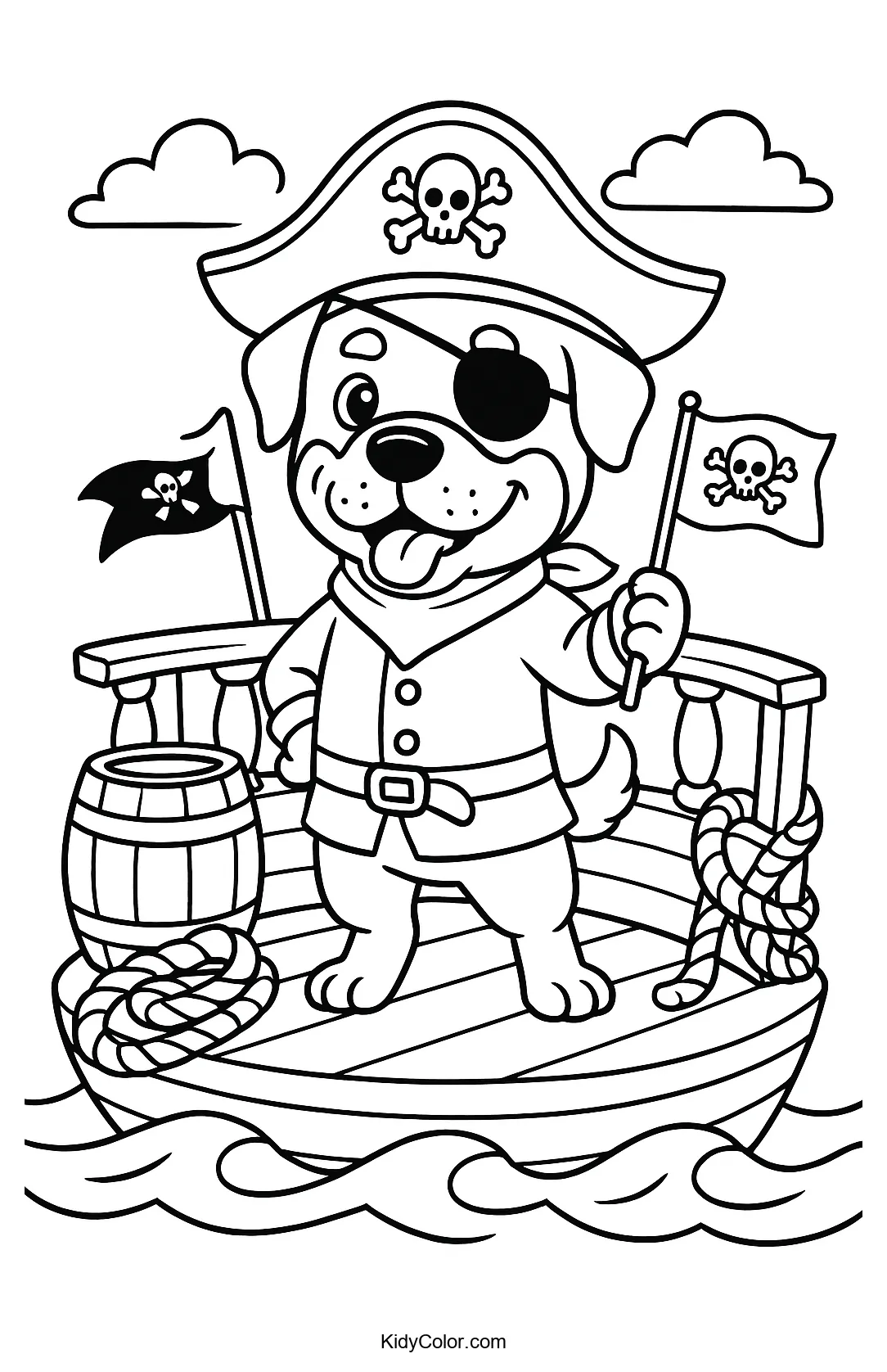 Rottweiler dressed as a pirate on a ship's deck