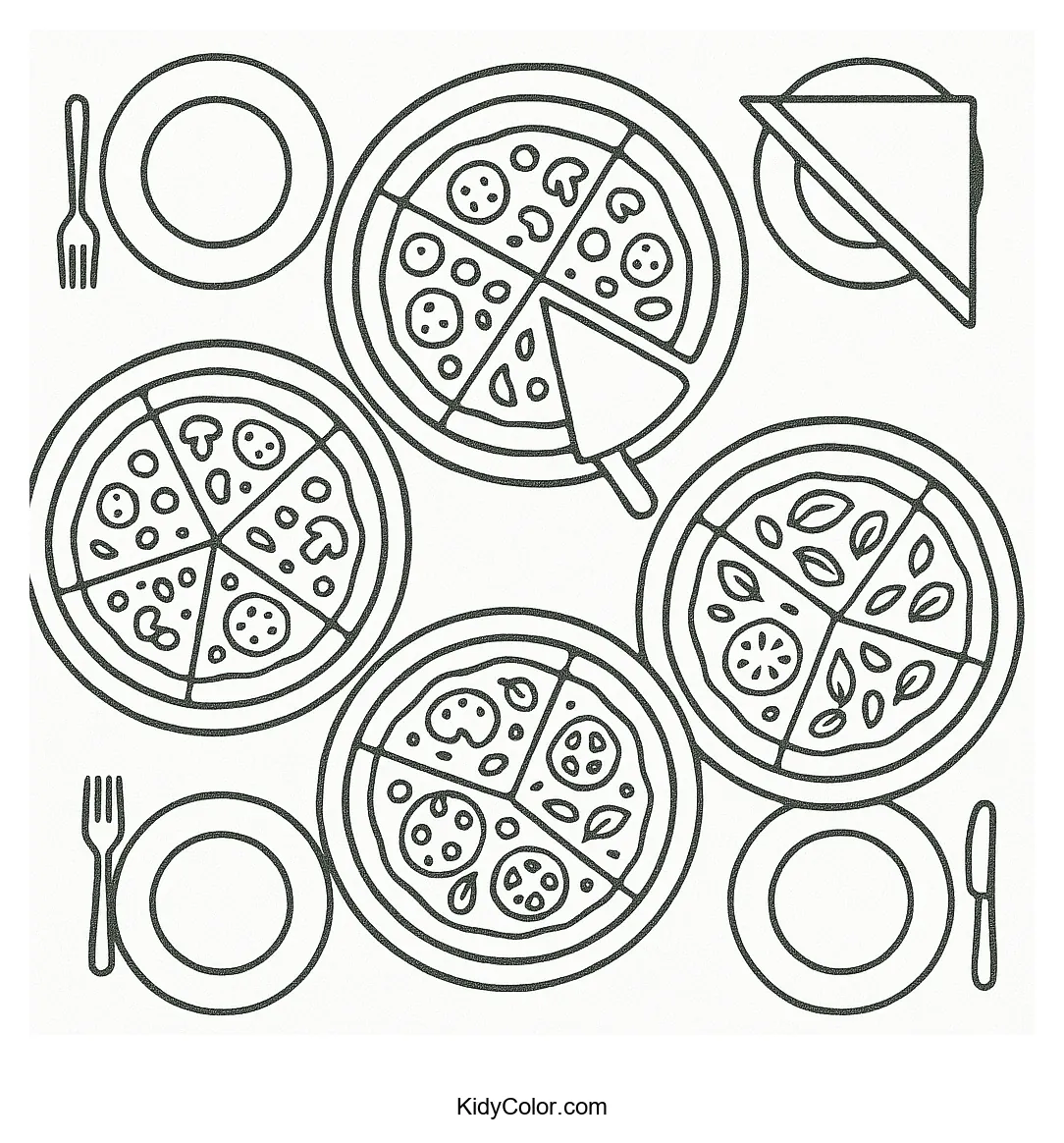 Coloring page of a pizza party at the table