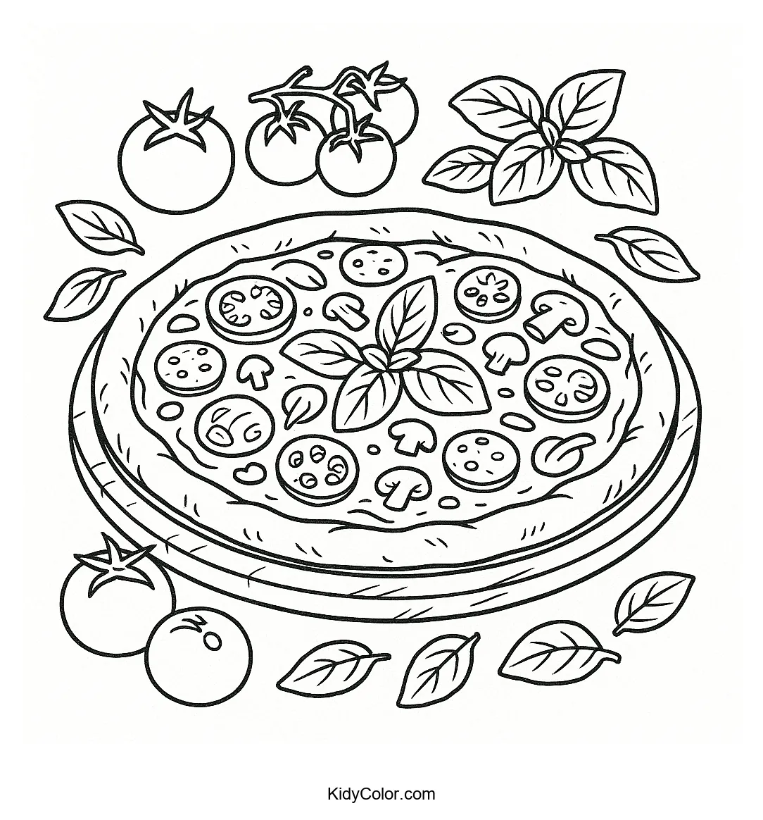 Pizza slice with toppings and basil to color