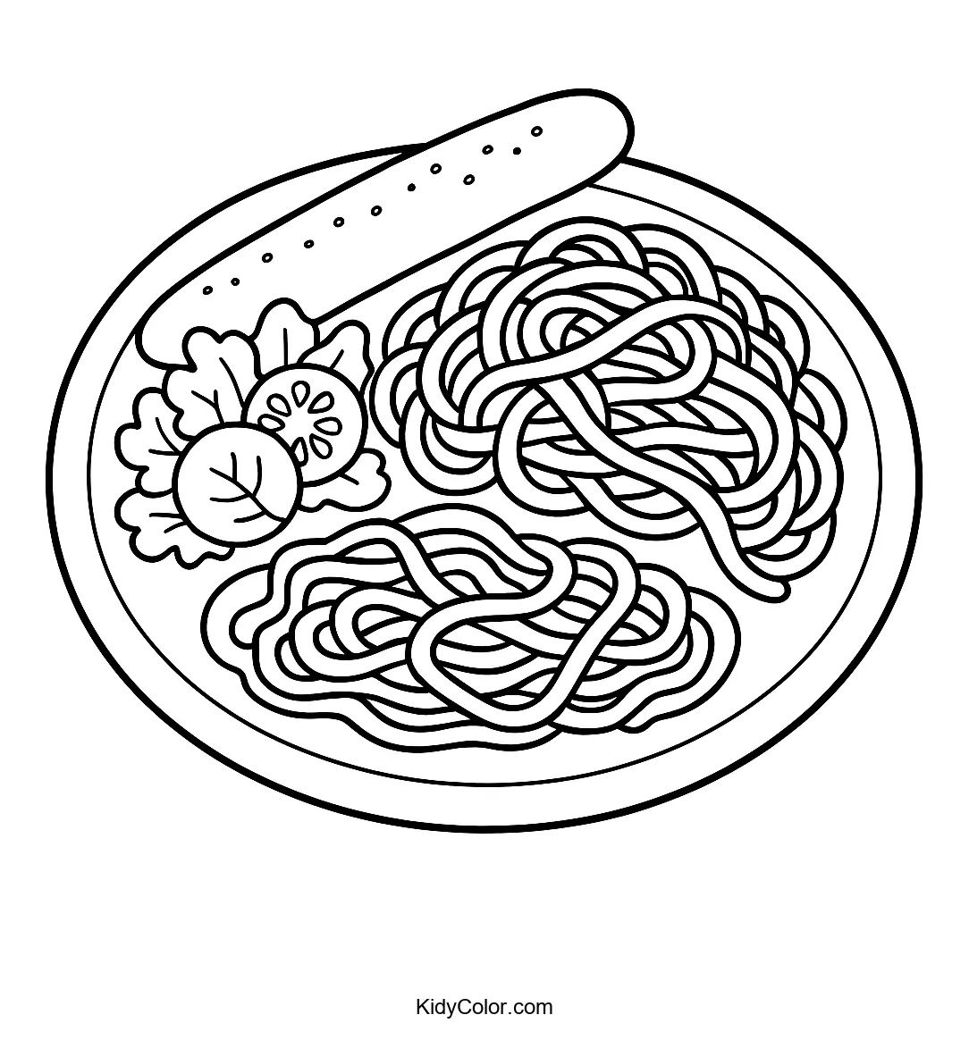 Plate of pasta with breadstick and salad coloring page