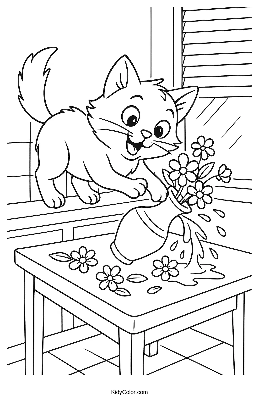 A playful cat nudging a tipped vase