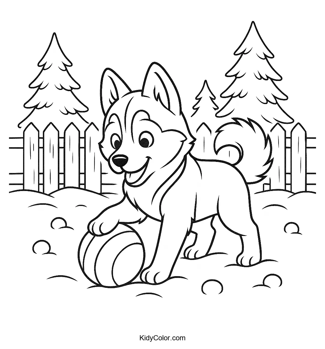 Playful Husky puppy in the snow coloring page