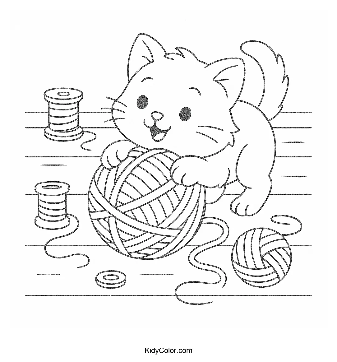 Kitten playing with yarn
