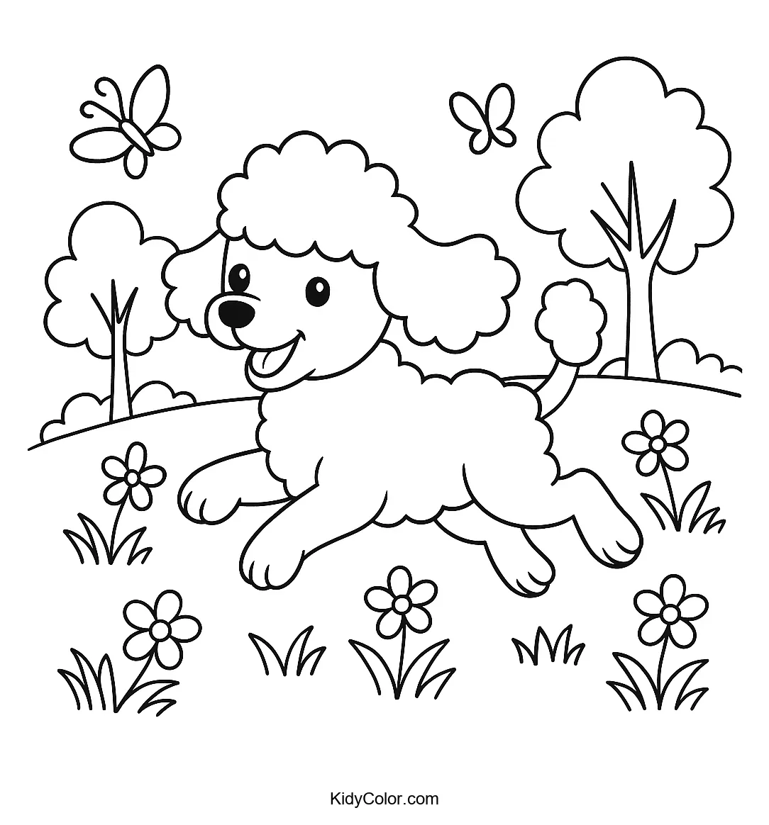 Playful poodle in a park coloring page