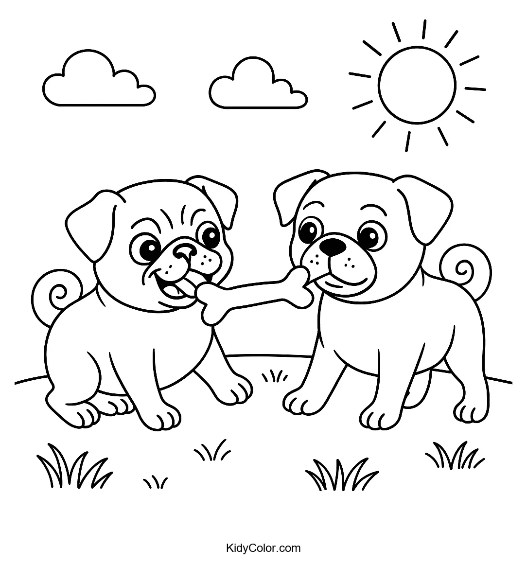 Playful pugs in a tug-of-war illustration