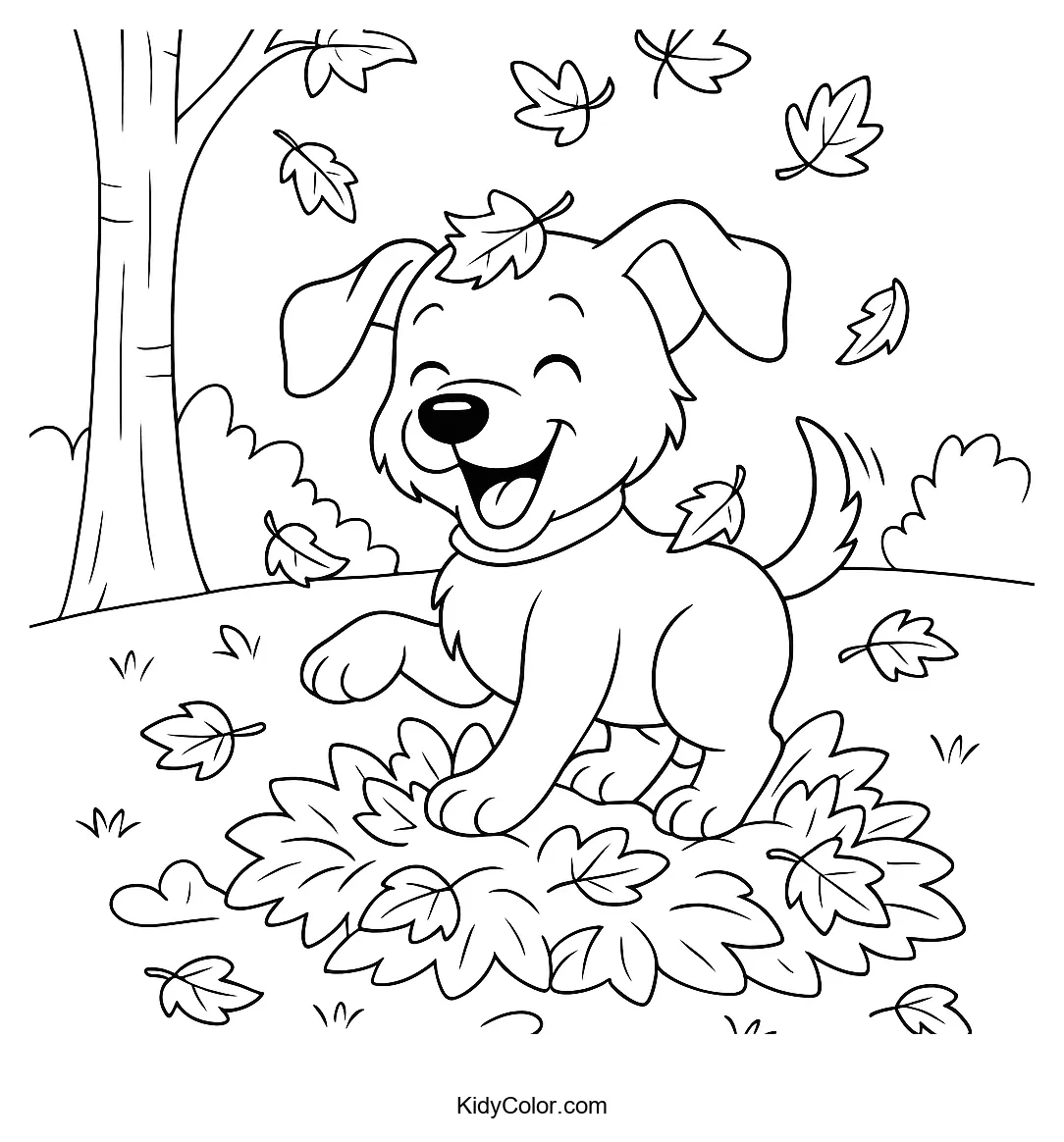 Puppy playing in autumn leaves