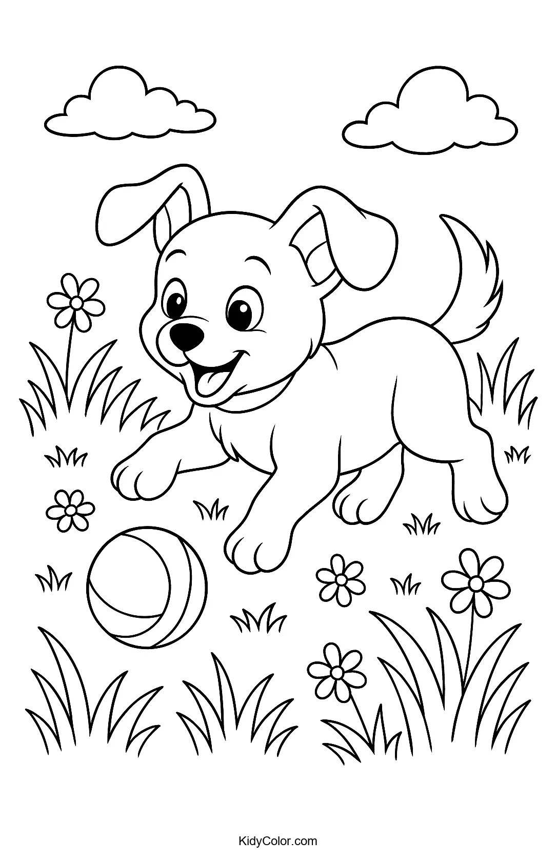 Puppy chasing a ball in a field