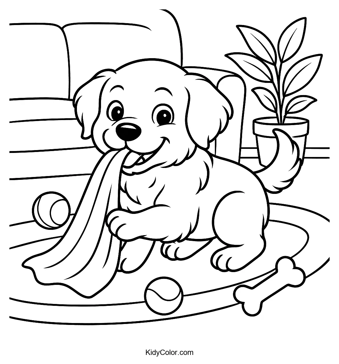 Coloring page of a playful puppy in a cozy living room