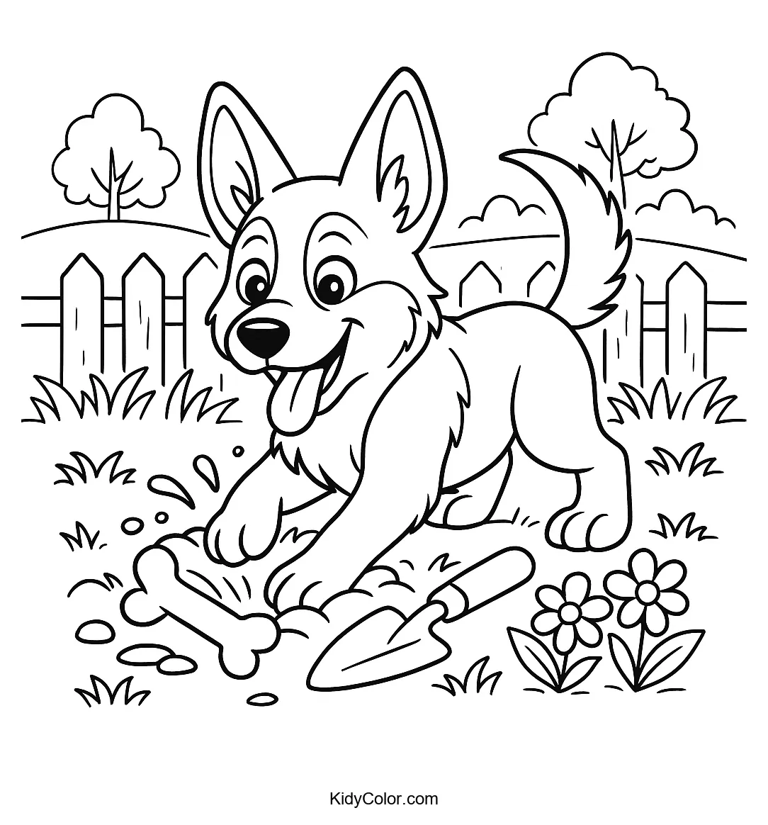 A puppy frolics in a garden with flowers.