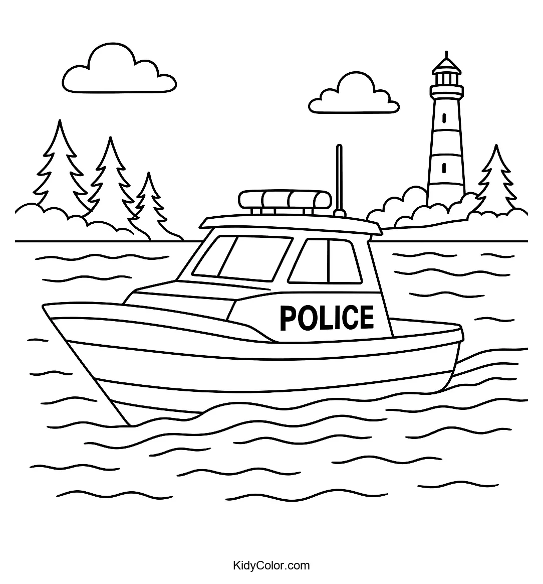 Police boat near lighthouse coloring page