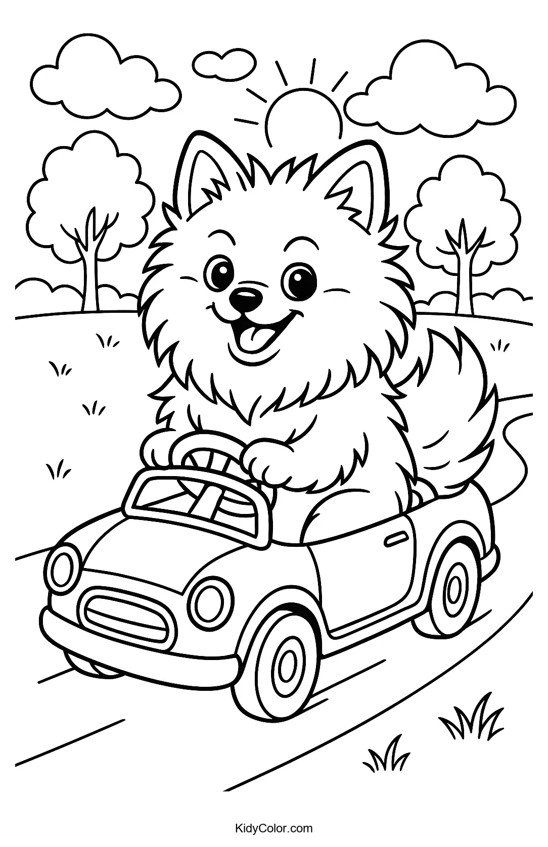Coloring page of a Pomeranian enjoying a ride in the park.