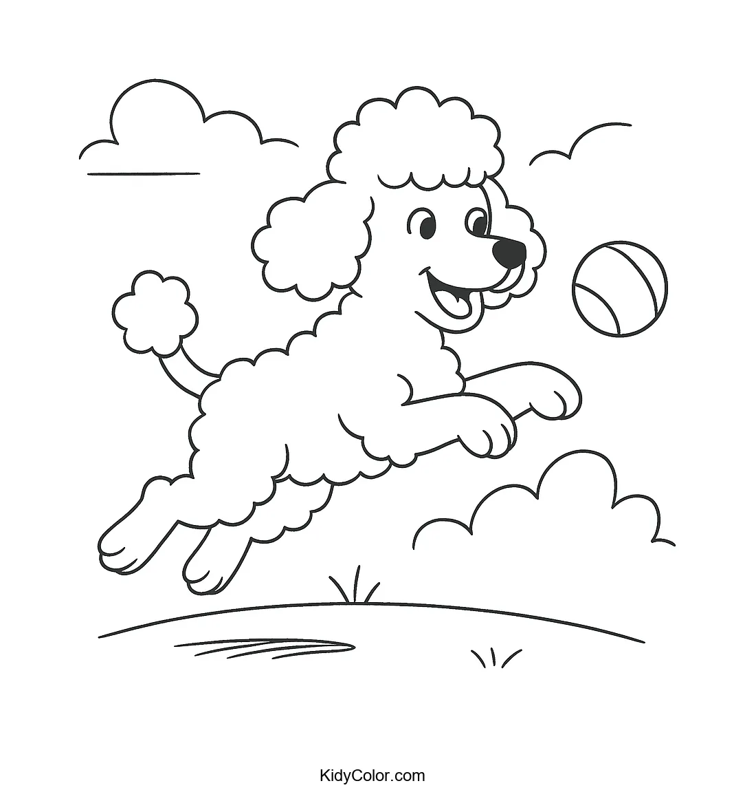 Poodle leaping for a ball