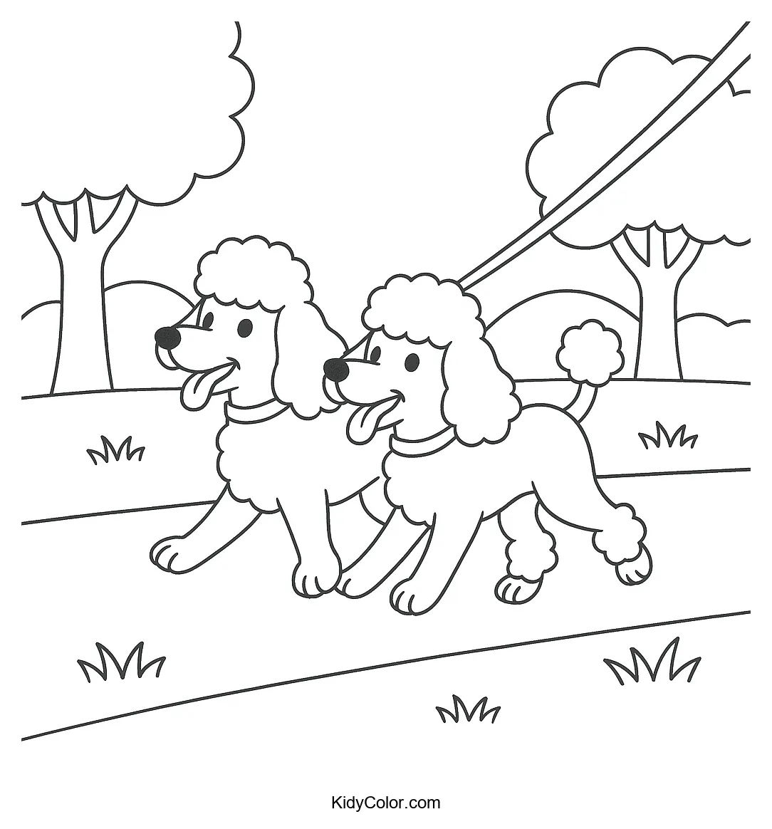 Coloring page of two pairs of poodles in a park.