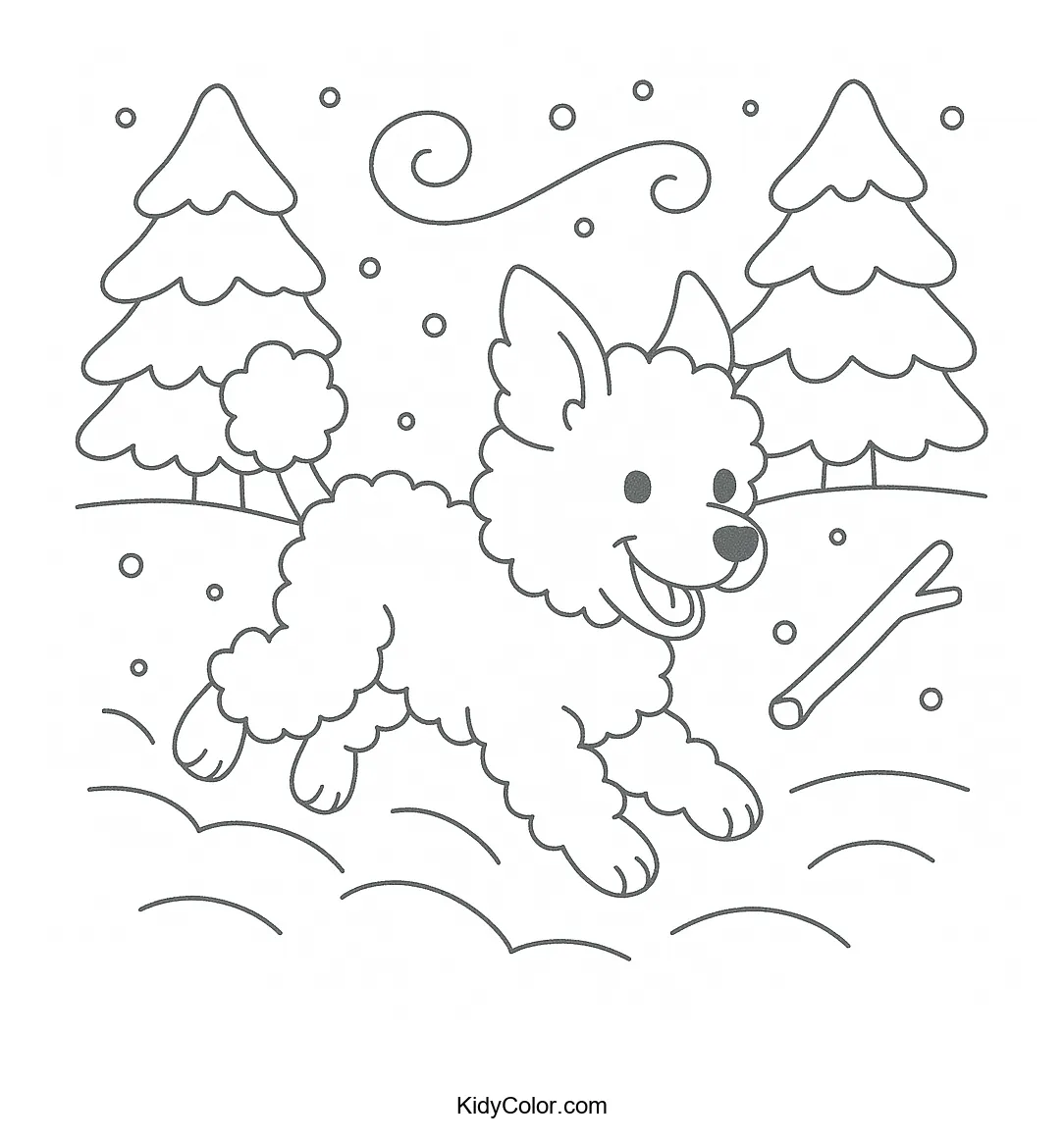 Poodle playing in winter snow