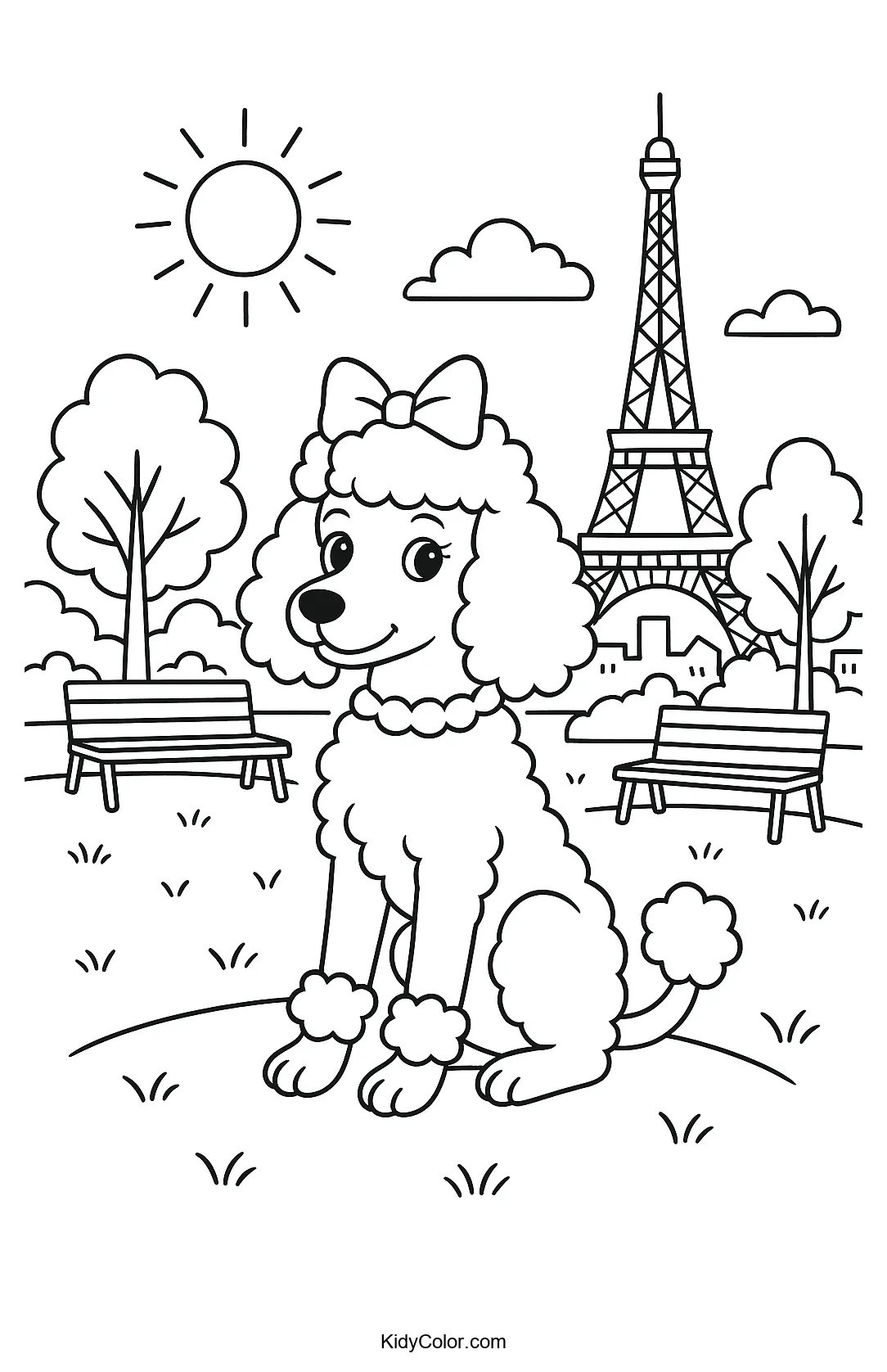 Illustration of a poodle in a Parisian park.