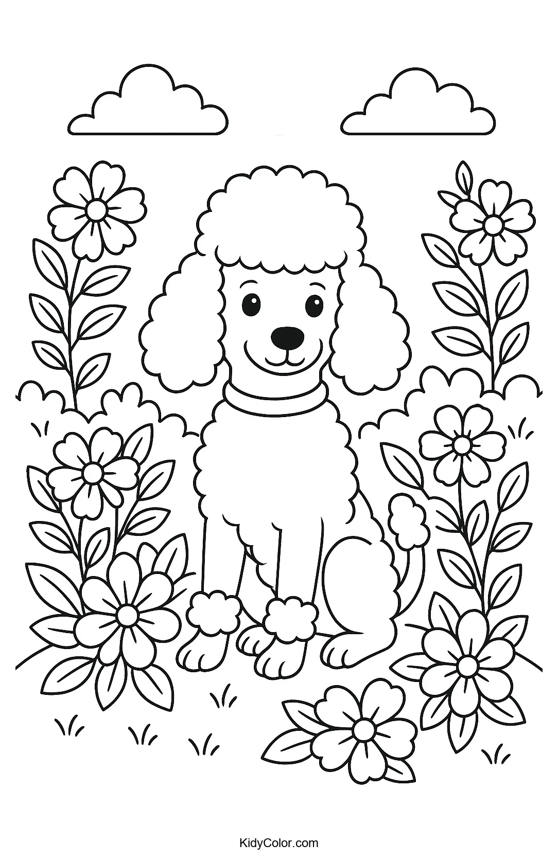 Poodle in a garden with blooming flowers