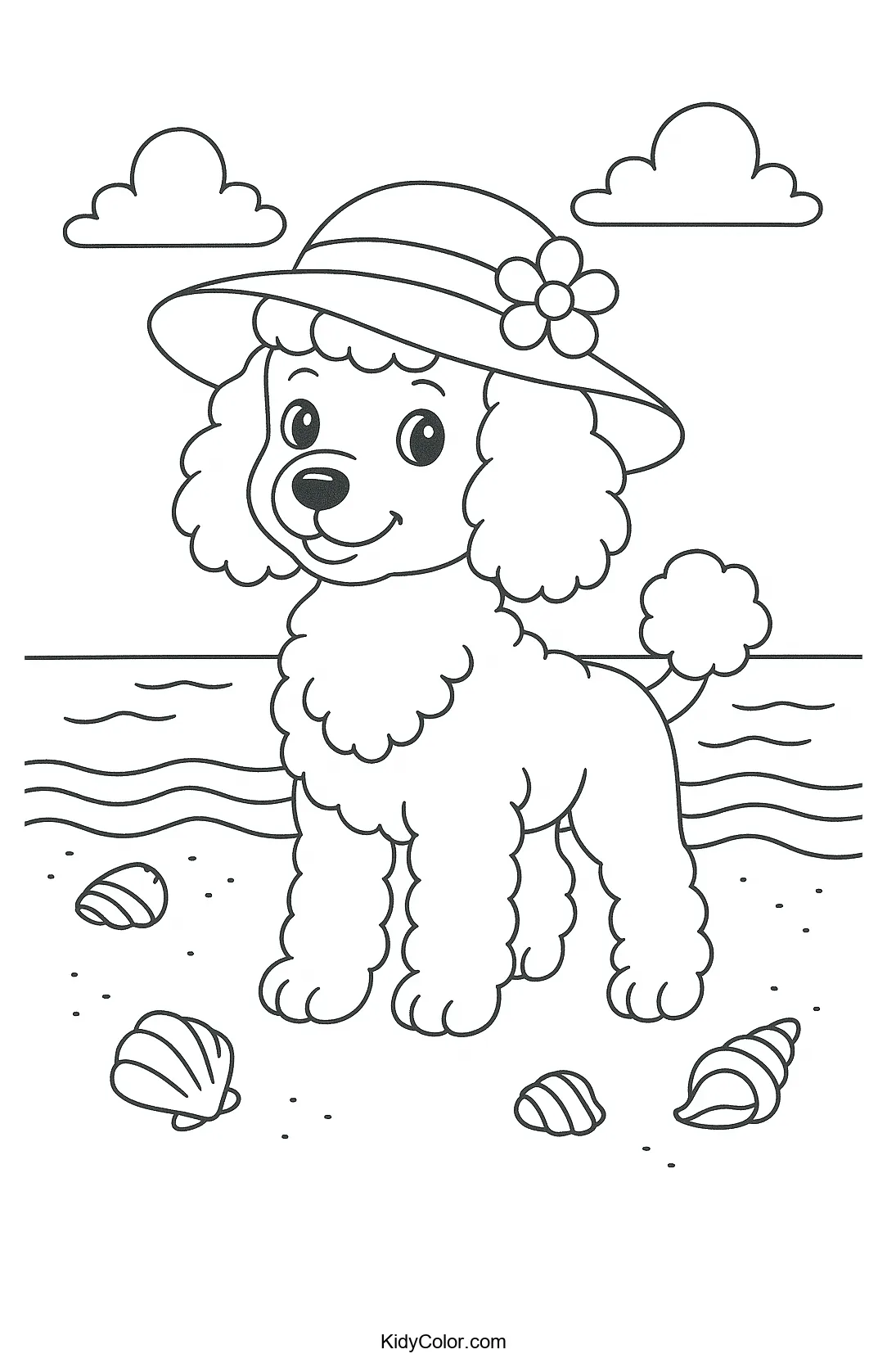 Poodle on the beach wearing a hat