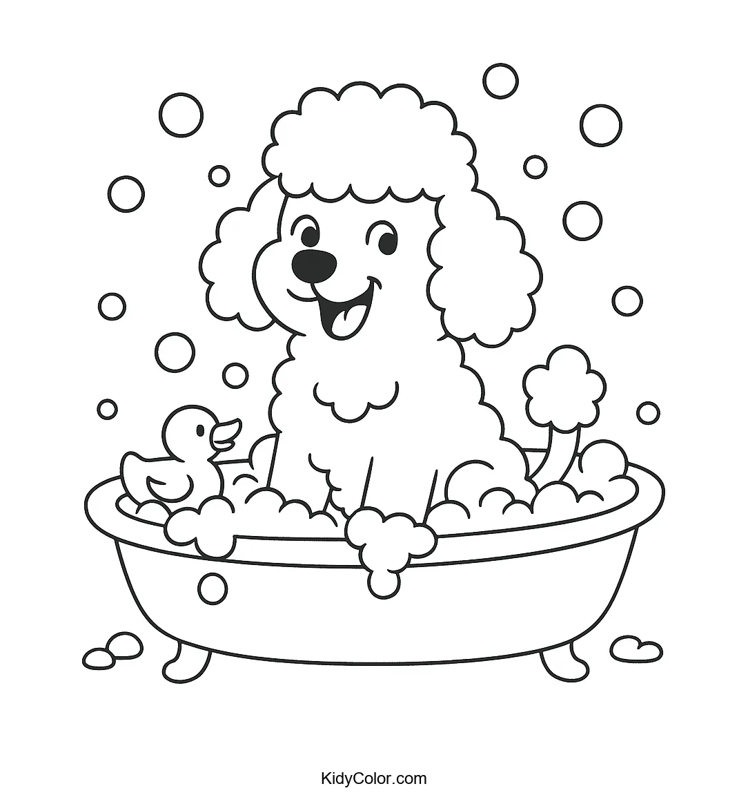 Poodle taking a bath coloring page