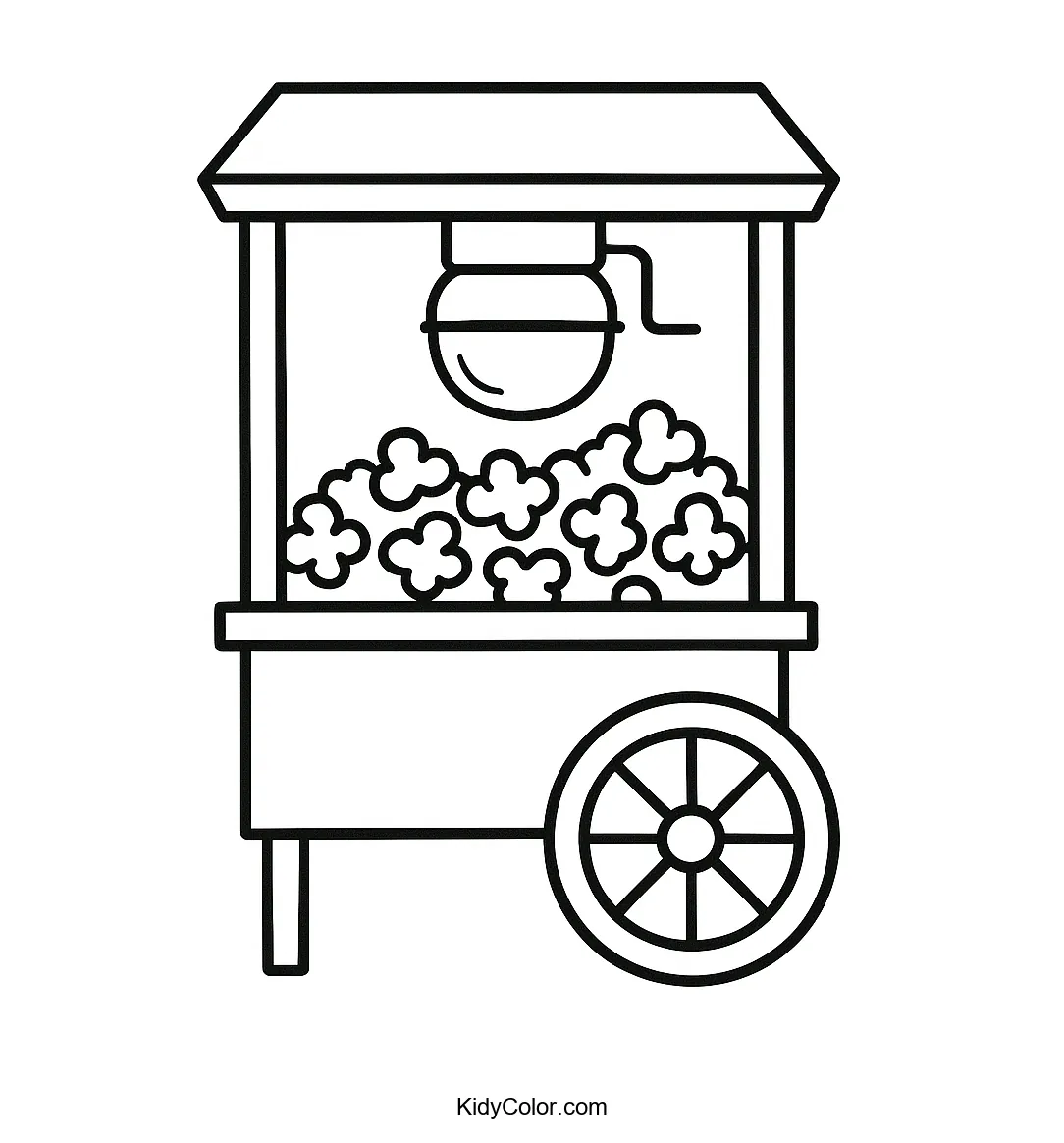 Line drawing of a popcorn machine on wheels.