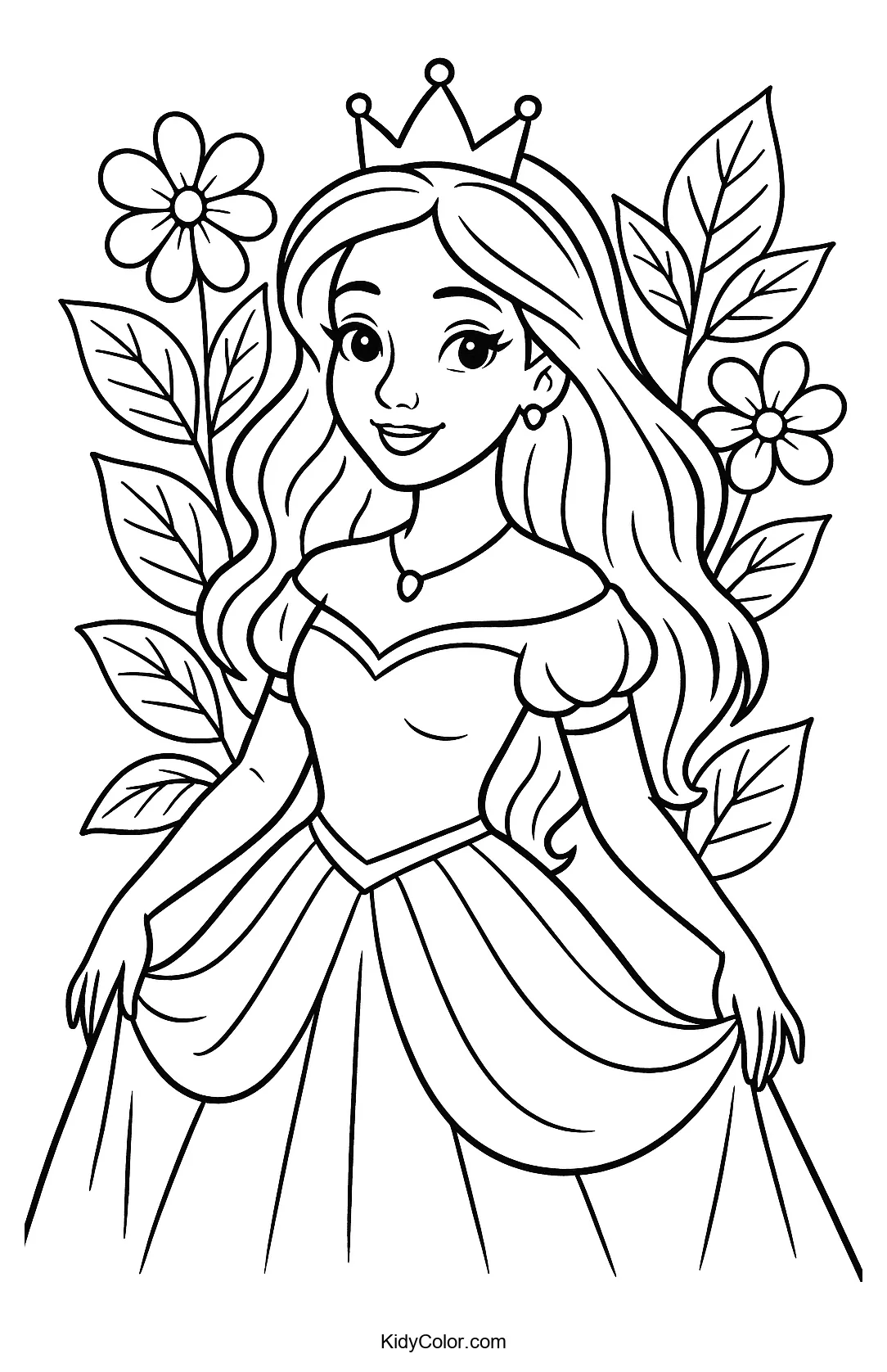 Princess among flowers coloring page