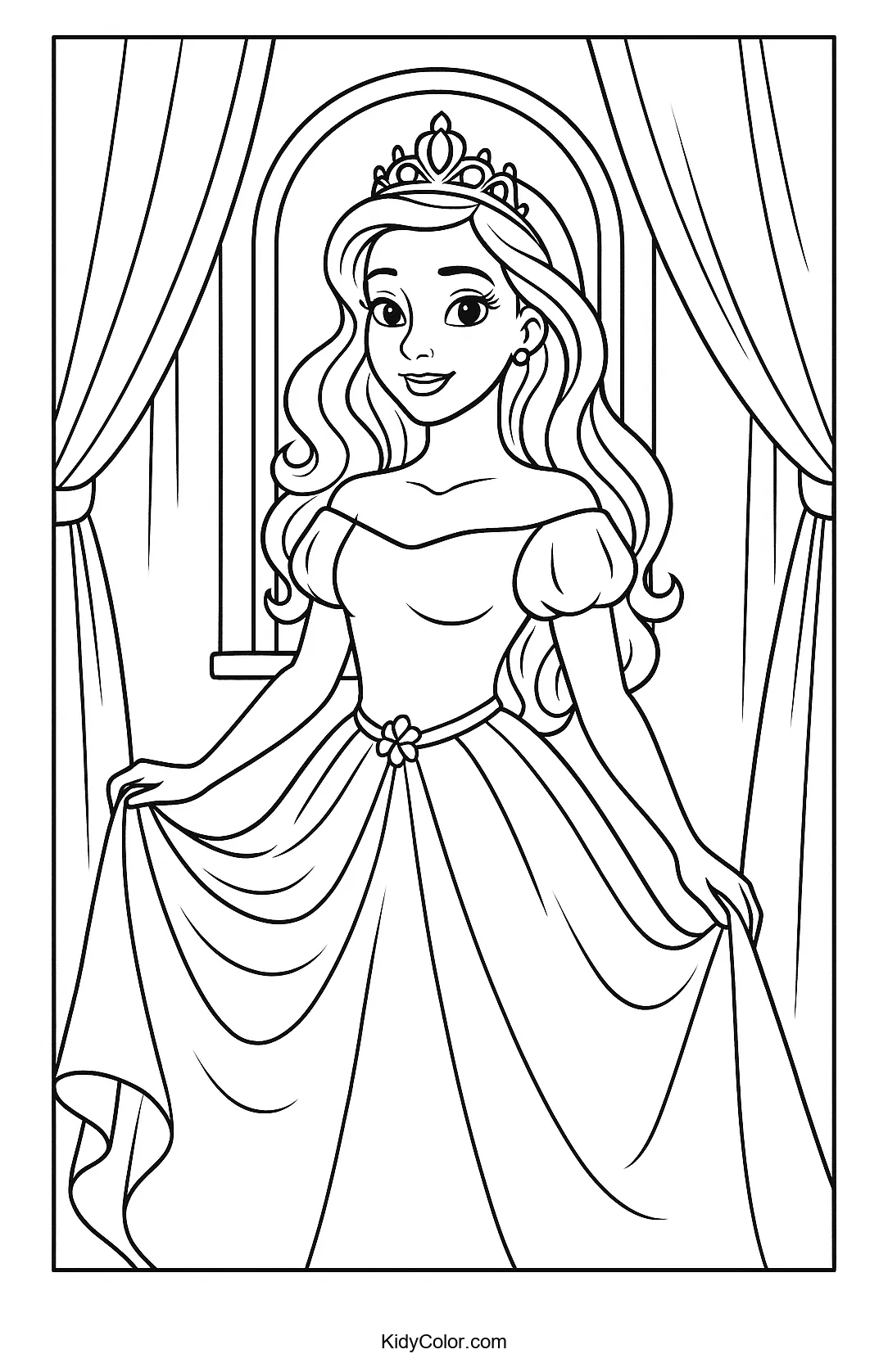 Princess looking through an arched window coloring page