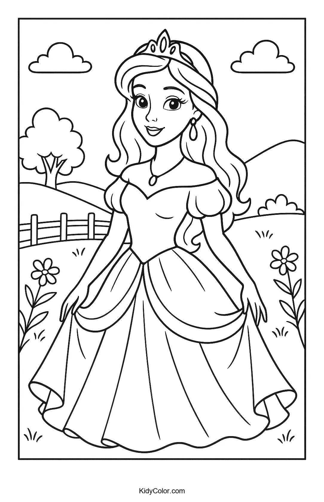 Princess in a countryside dreamscape coloring page
