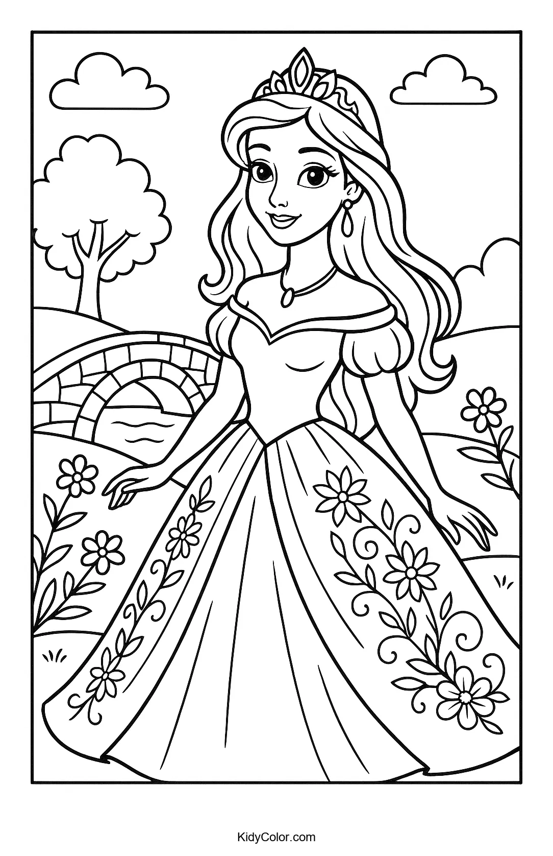 Princess in a garden with an arched bridge
