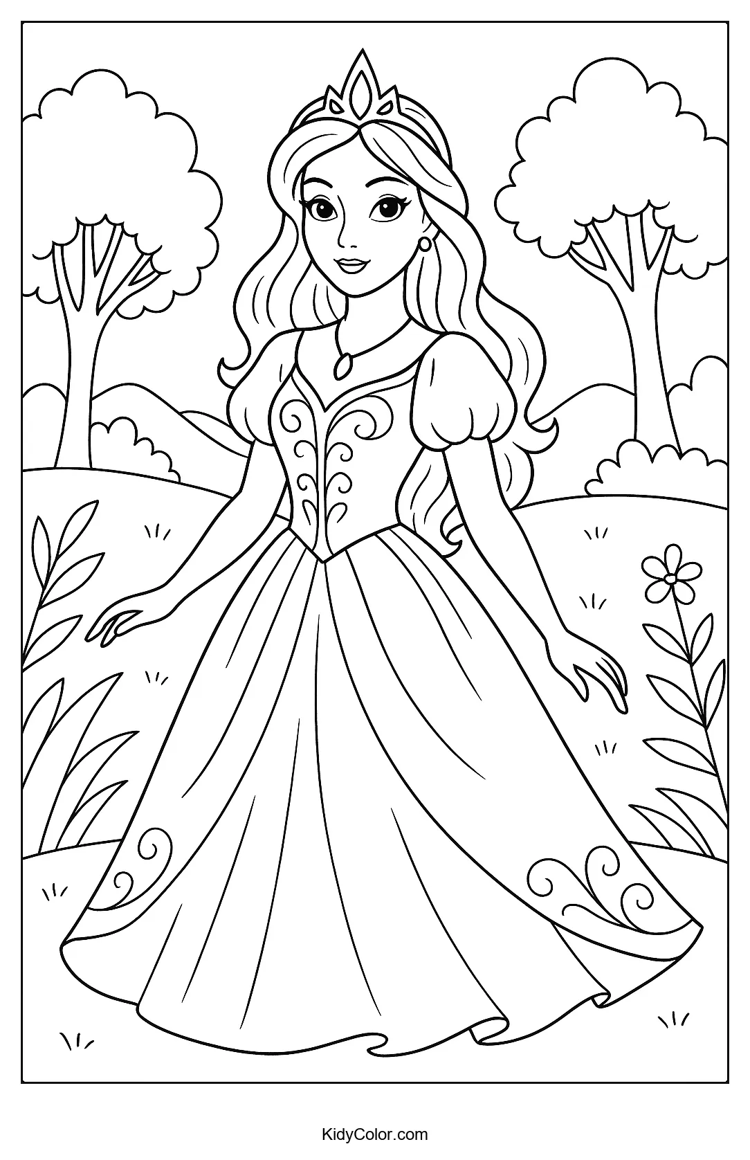 Princess in a tranquil garden for coloring.