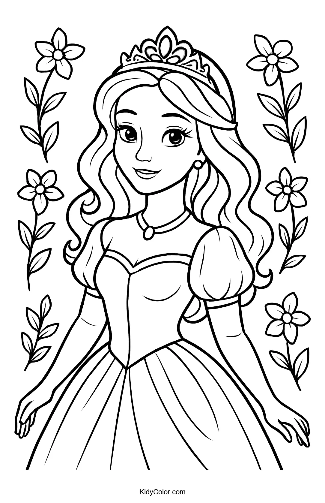 Princess surrounded by flowers coloring page