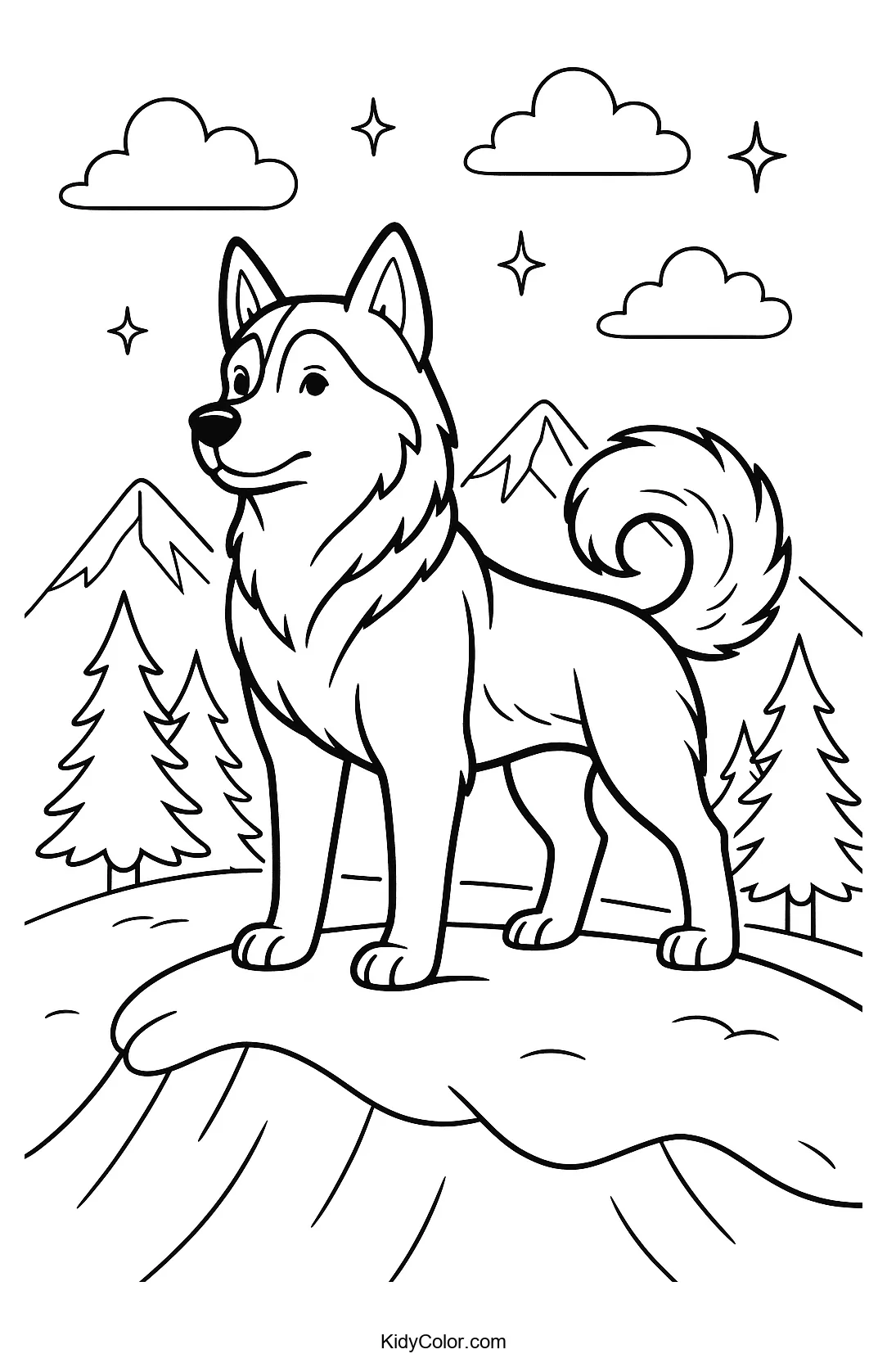 Husky standing proudly on a snowy hill